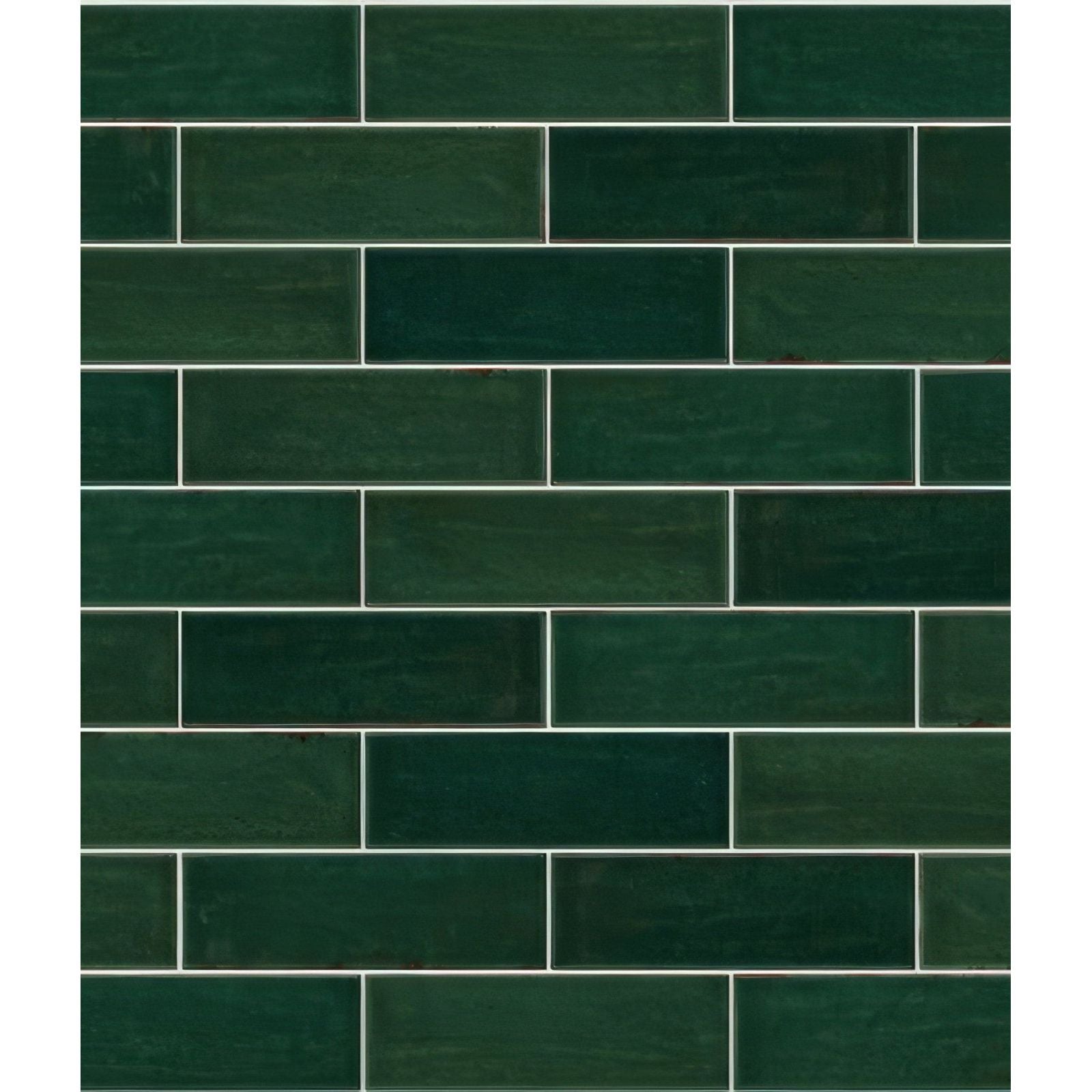 Dark green rectangular petite porcelain gloss green ceramic tiles laid in running bond pattern with thin white grout lines