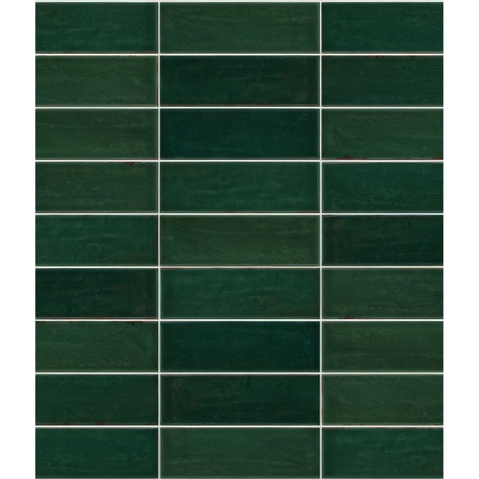 Dark green rectangular petite porcelain gloss green ceramic tiles with subtle texture and white grout lines