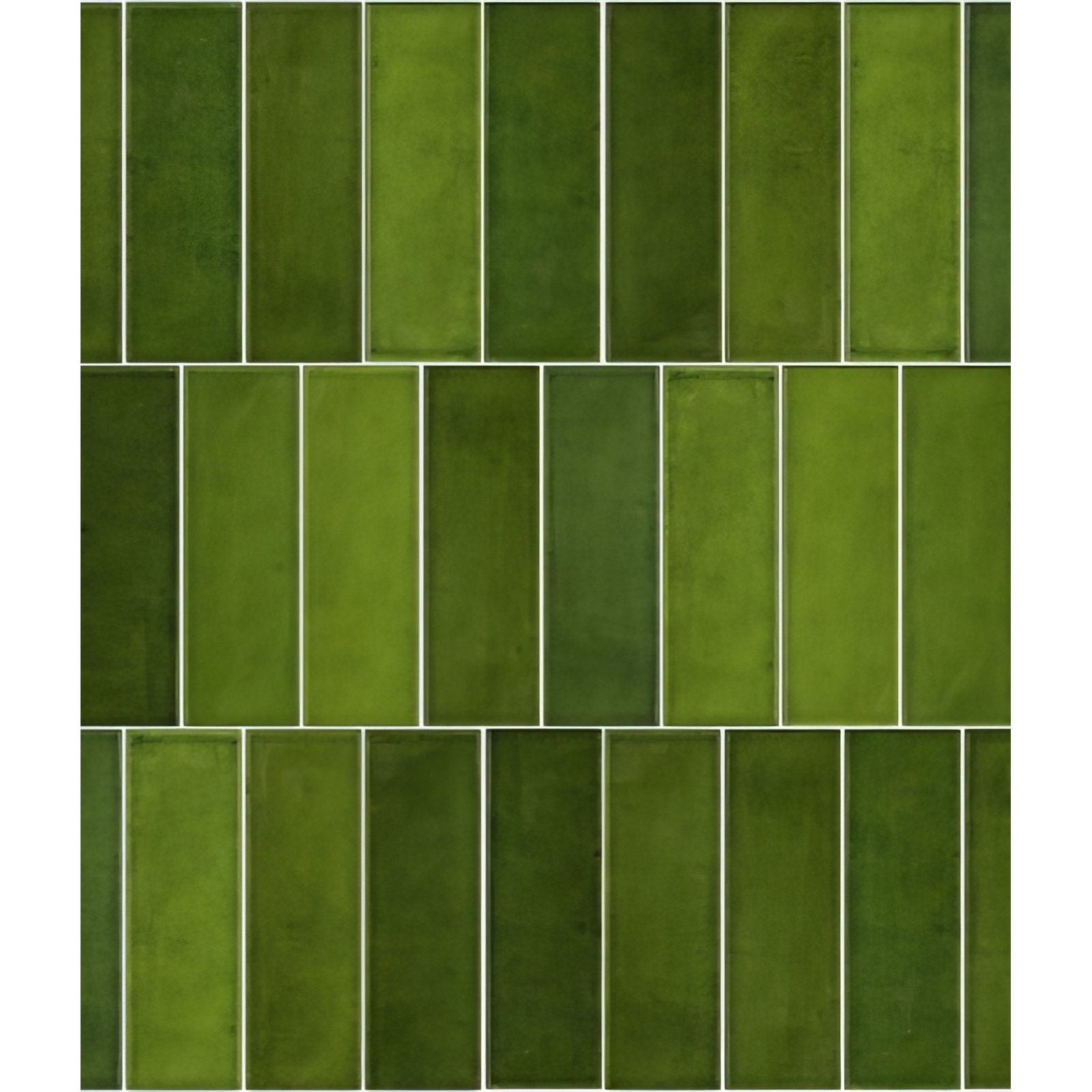 Green rectangular petite porcelain gloss olive tiles arranged in a grid with subtle shade and texture variations