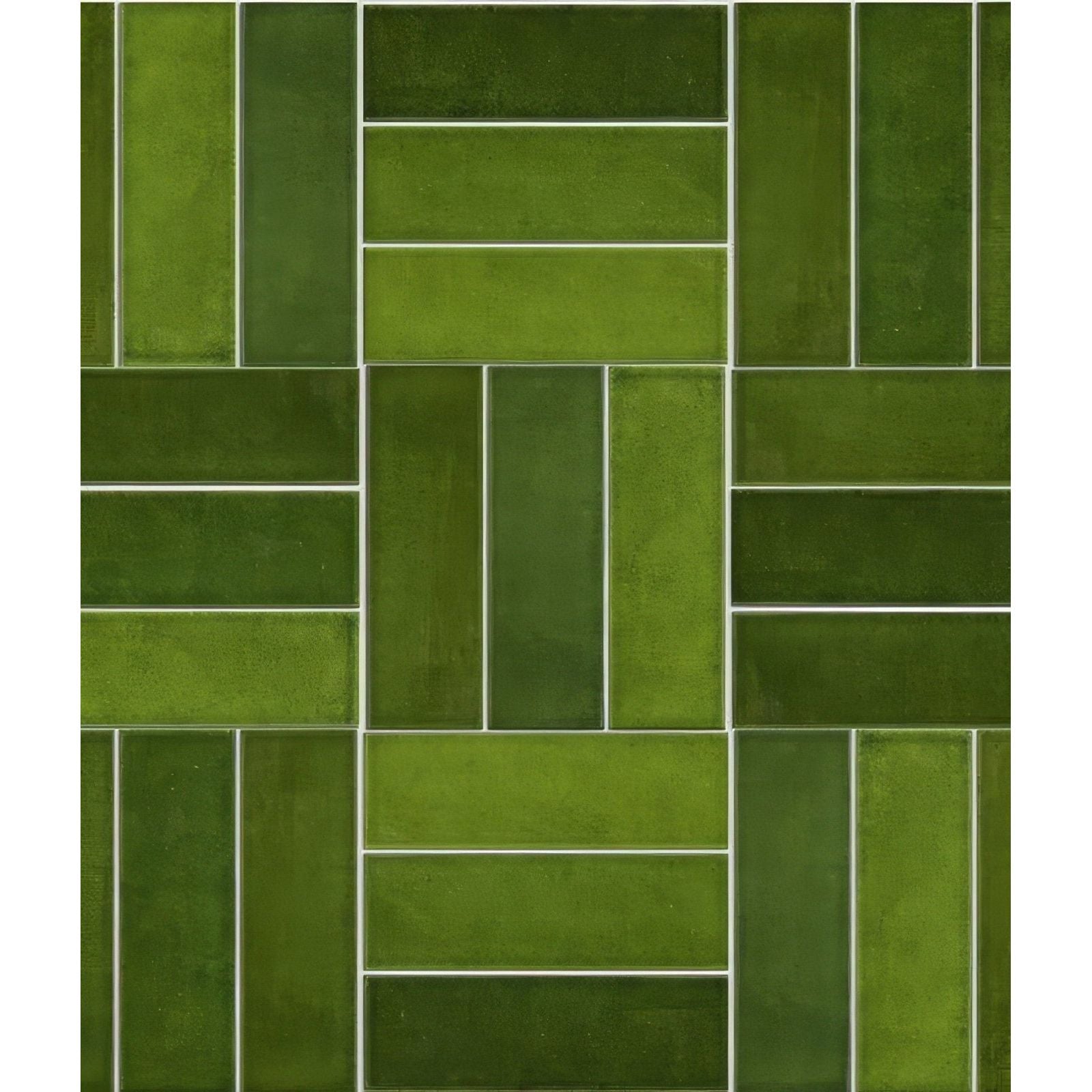 Green rectangular petite porcelain gloss olive tiles arranged in a herringbone pattern with white grout lines