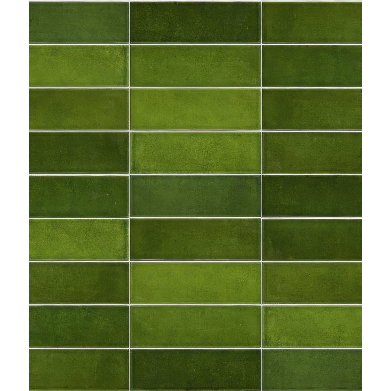 Green rectangular ceramic petite porcelain gloss olive tiles arranged in a grid pattern