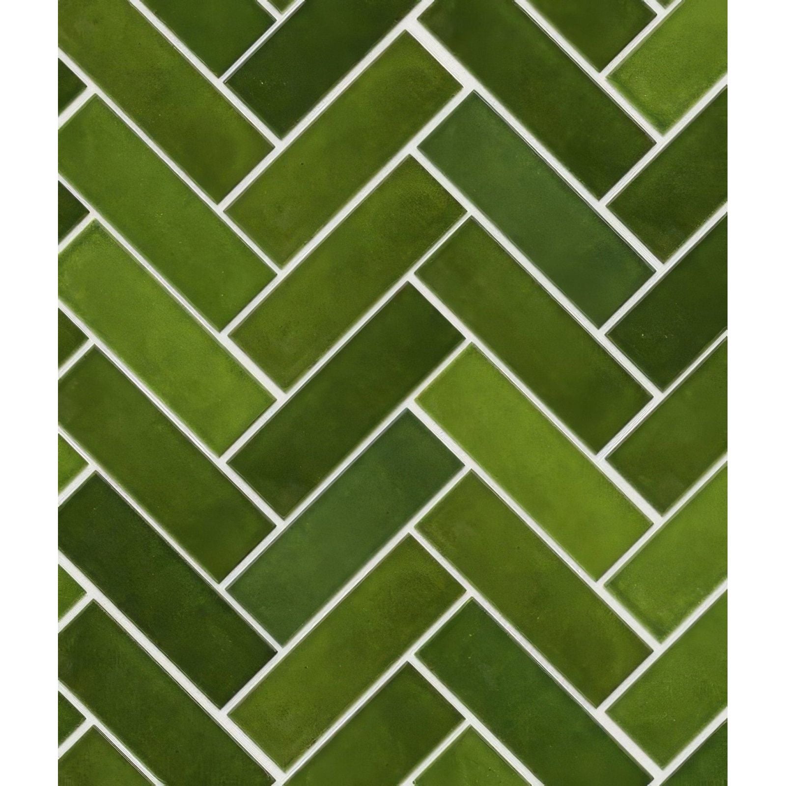 Petite porcelain gloss olive tiles with green herringbone pattern and white grout for stylish wall or floor use