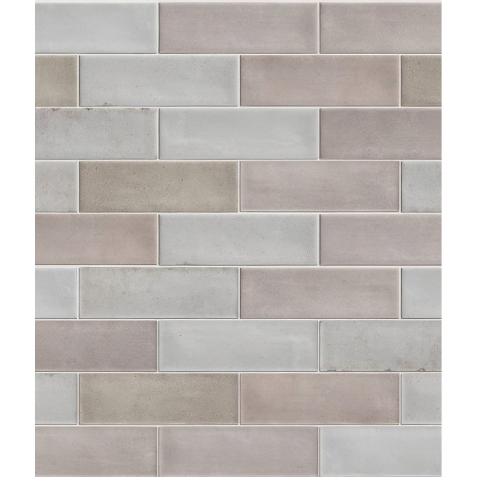 Gray and beige rectangular porcelain subway tiles in a staggered brick pattern with a gloss pearl finish