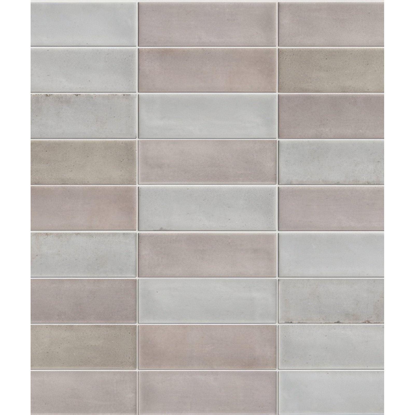 Gray rectangular petite porcelain gloss pearl ceramic tiles arranged in a staggered pattern with subtle texture variations