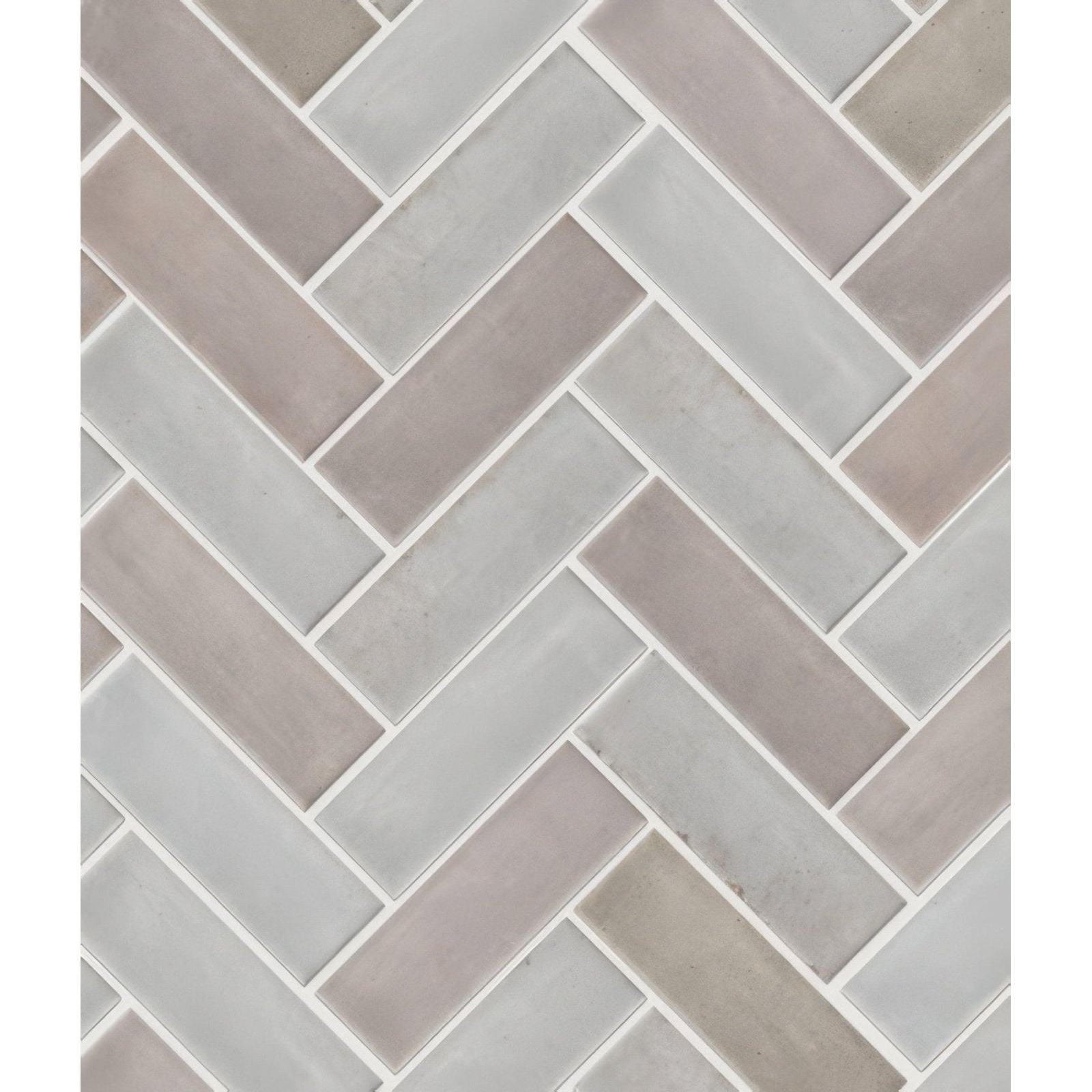 Gray herringbone patterned petite porcelain gloss pearl glass mosaic tile with a glossy pearl finish