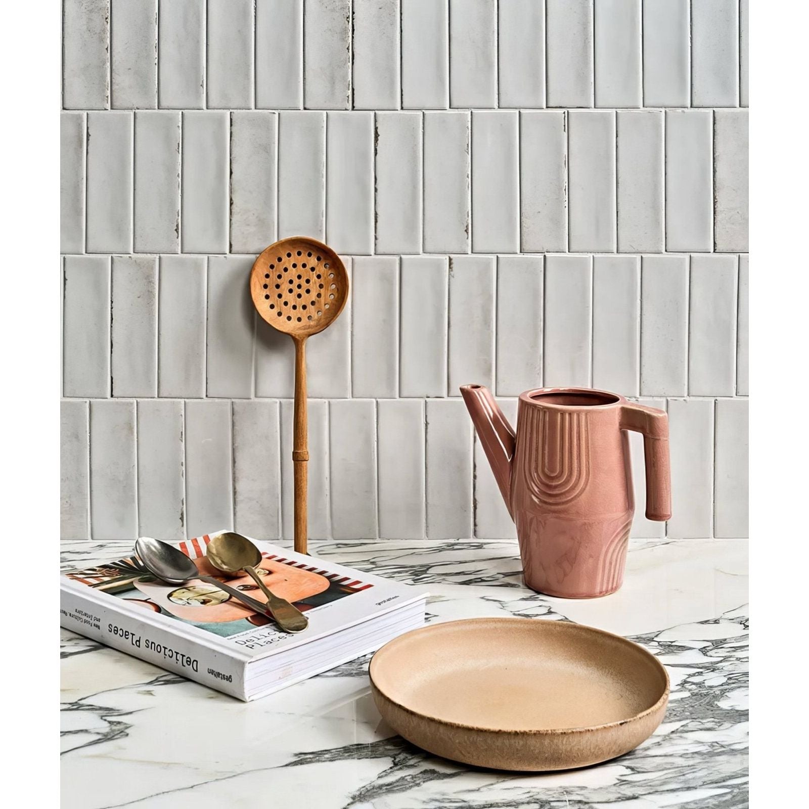 Petite porcelain gloss white ceramic pitcher with a handle and matte pink curved geometric ridges