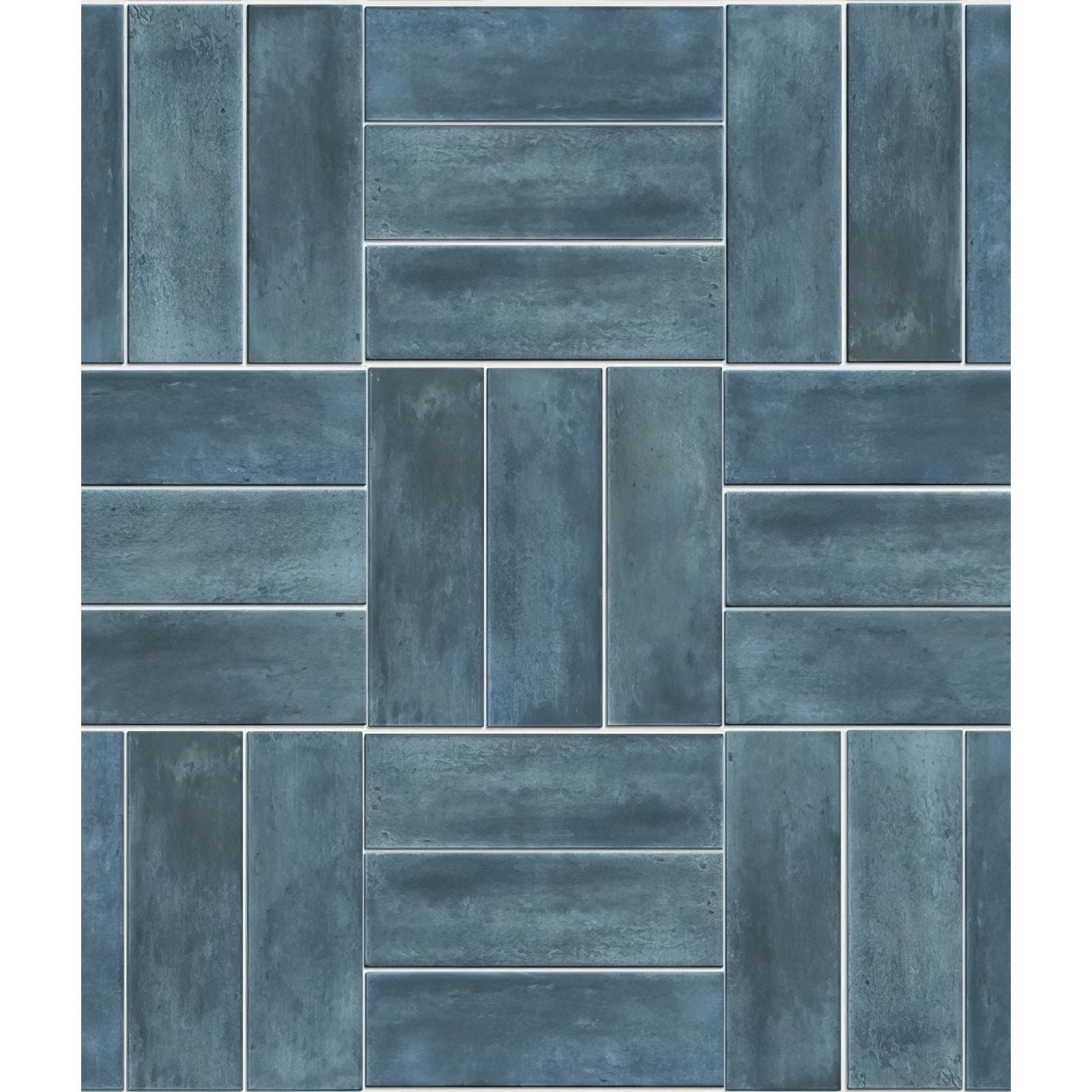 Blue-gray petite porcelain matt rectangular tiles arranged in a herringbone pattern for flooring or walls