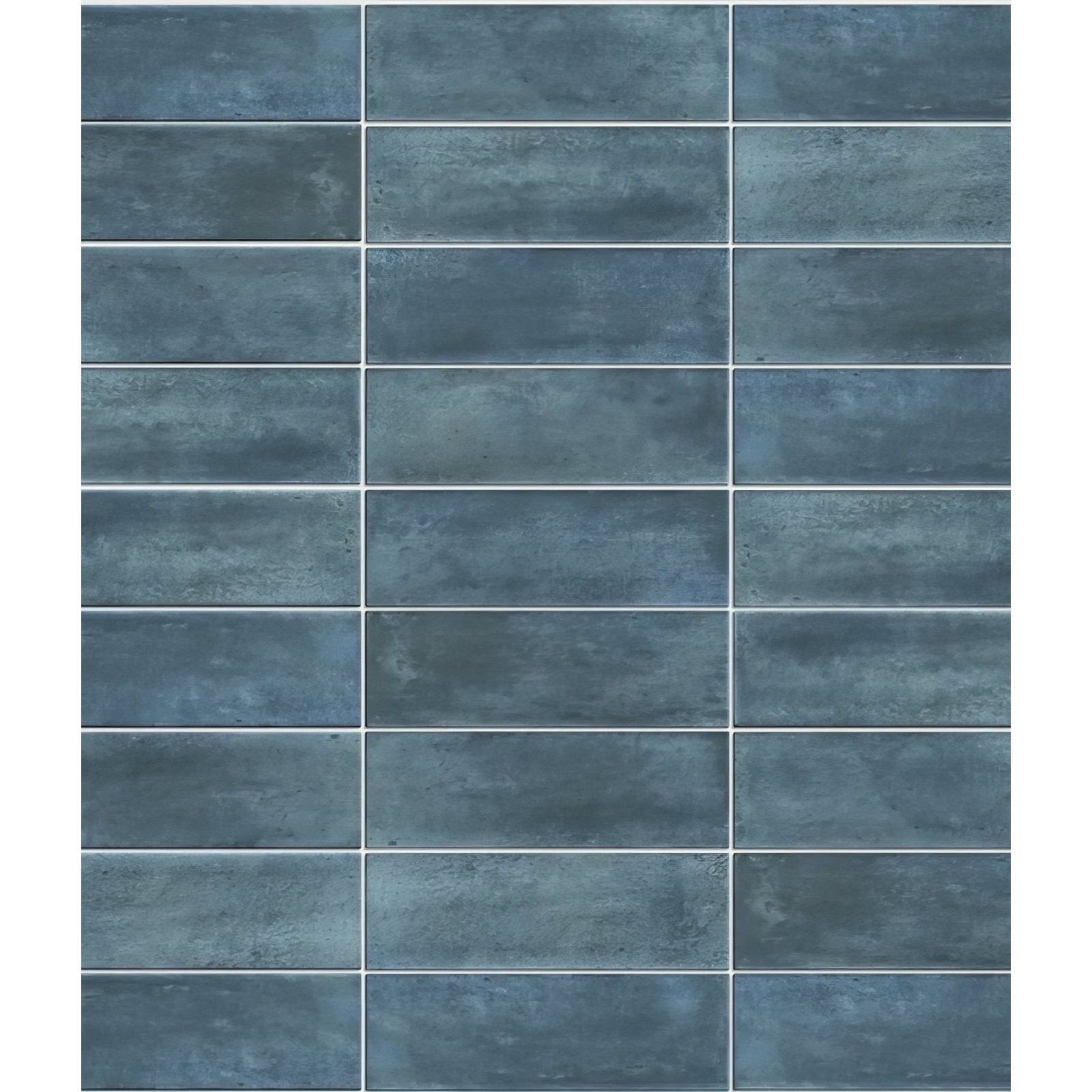 Blue-gray rectangular petite porcelain matt blue ceramic tiles with textured rustic finish arranged in grid pattern