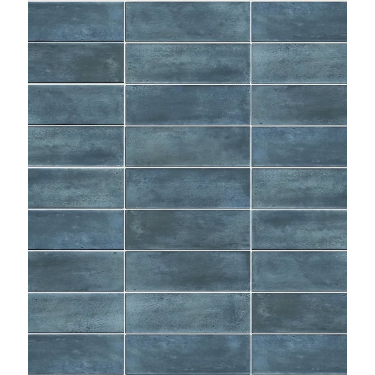 Blue-gray rectangular petite porcelain matt blue ceramic tiles with textured rustic finish arranged in grid pattern