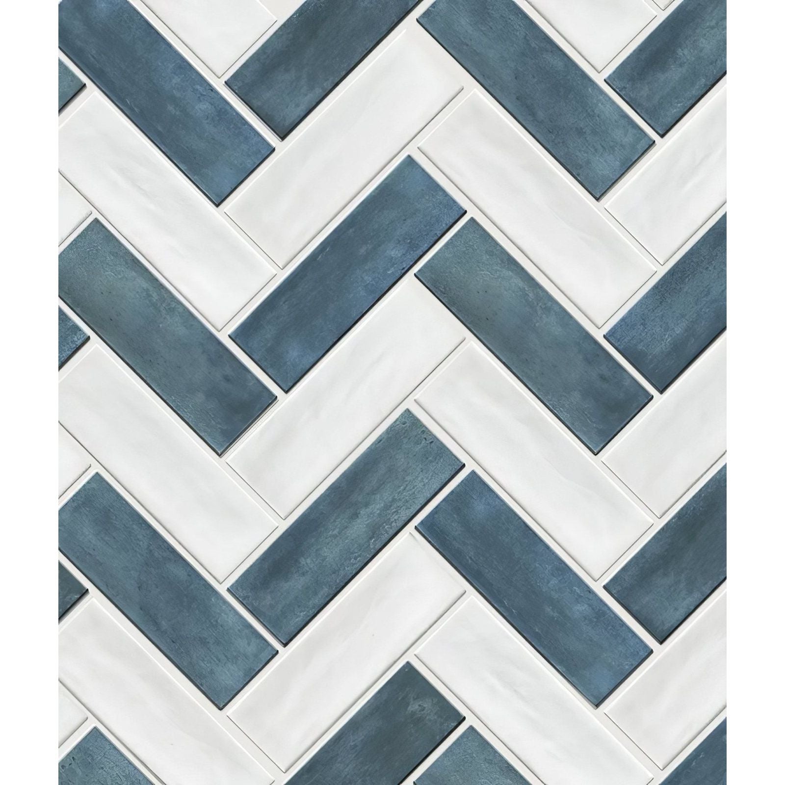 Petite porcelain matt blue ceramic tiles with a blue and white herringbone pattern for decorative surfaces