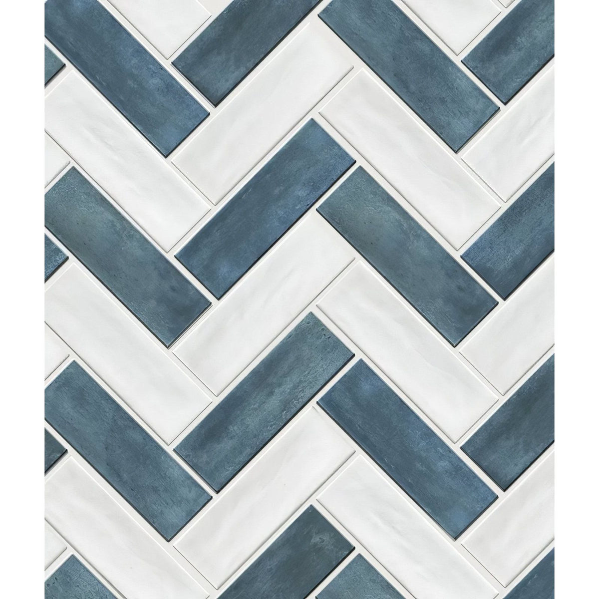 Petite porcelain matt blue ceramic tiles with a blue and white herringbone pattern for decorative surfaces