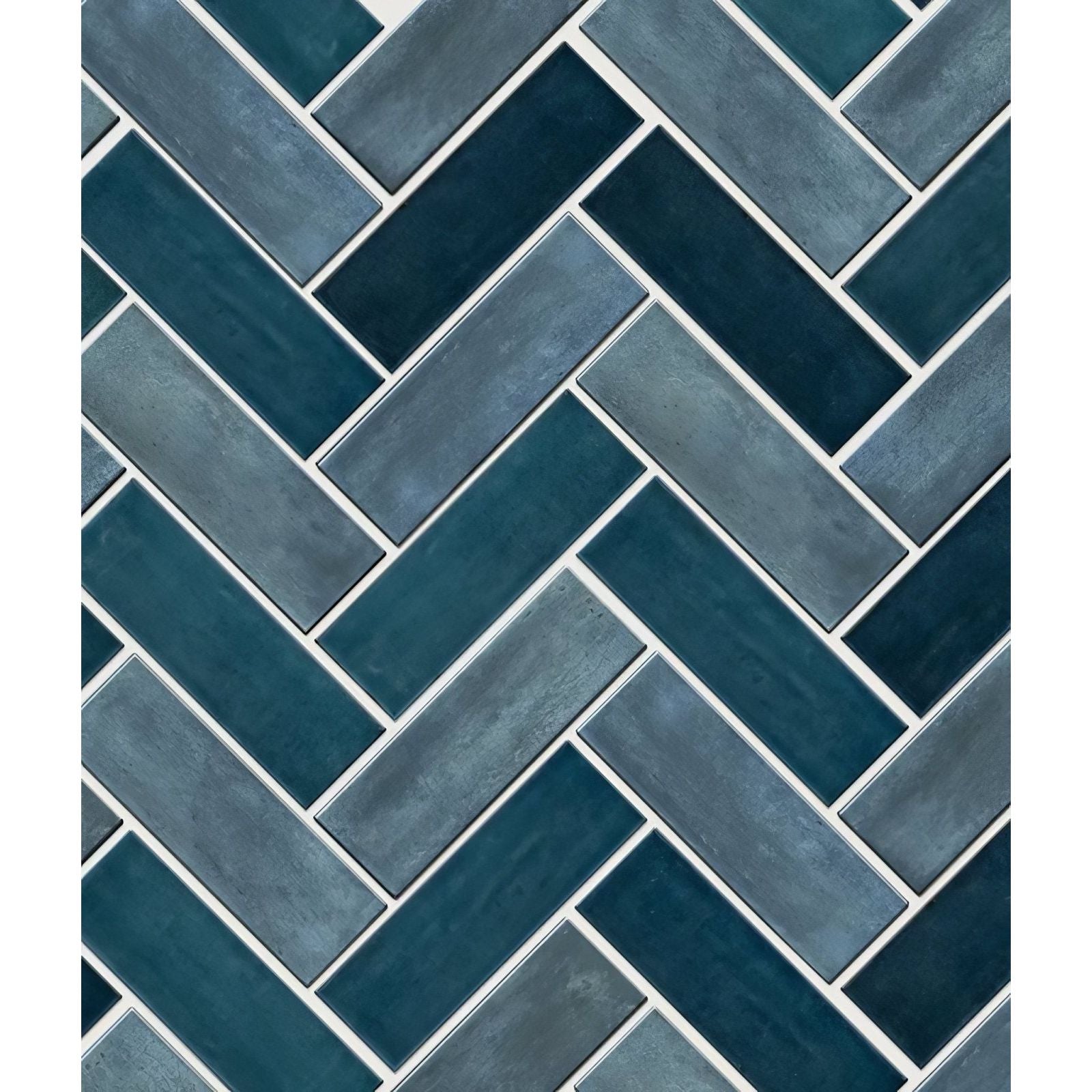 Petite porcelain matt blue ceramic tiles in teal and gray herringbone pattern with a matte finish