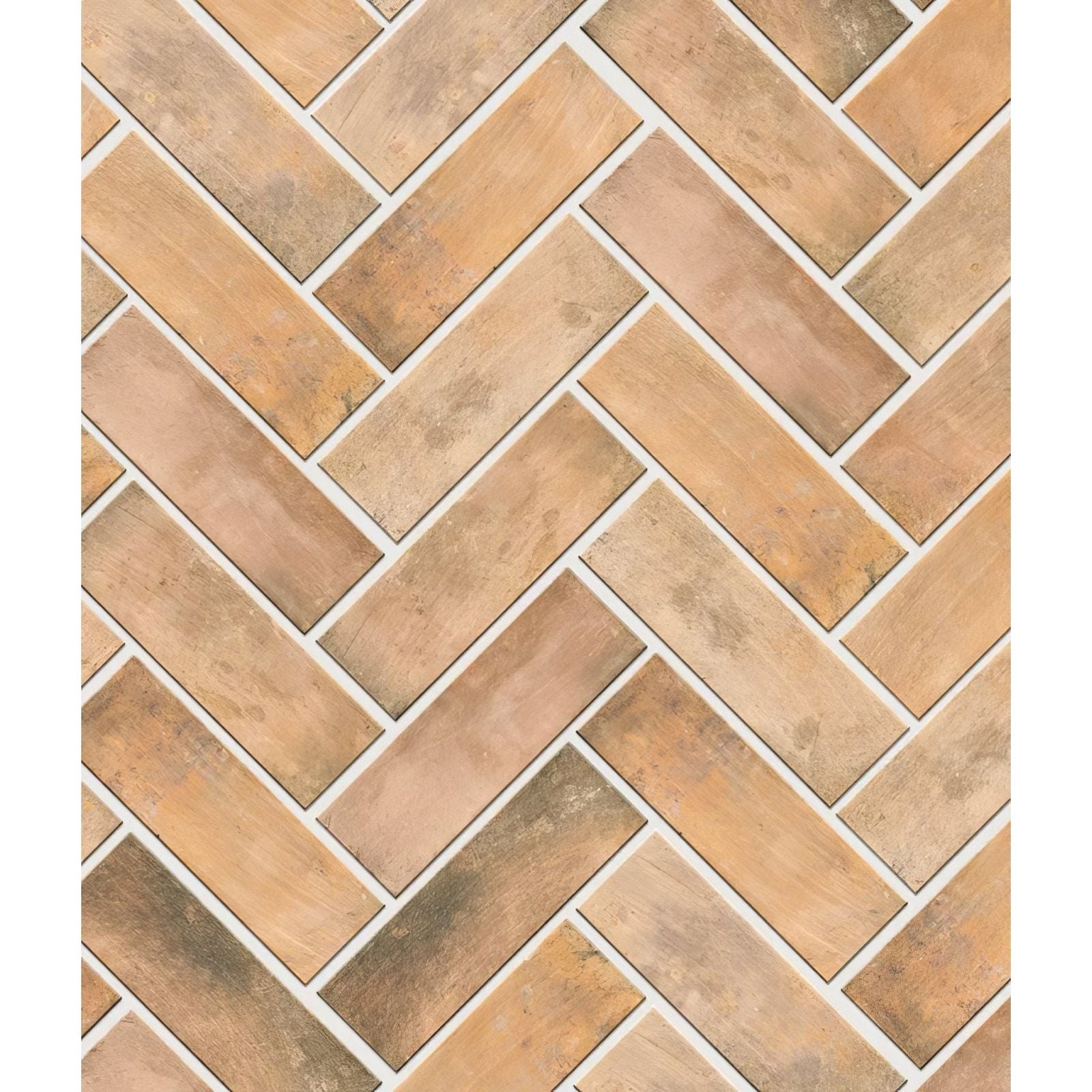 Petite porcelain matt cotto dark terracotta rectangular tiles arranged in a herringbone pattern with textured tones