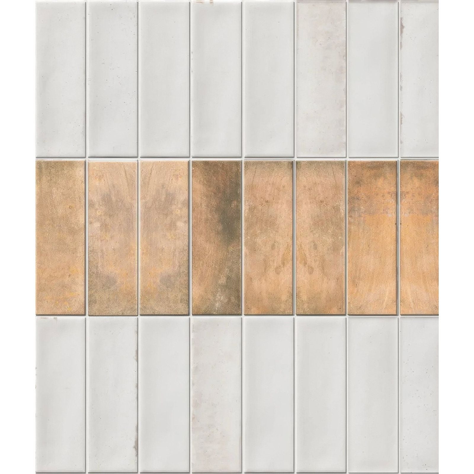 Petite porcelain matt cotto dark white and copper-toned rectangular mosaic tiles arranged in a three-row pattern