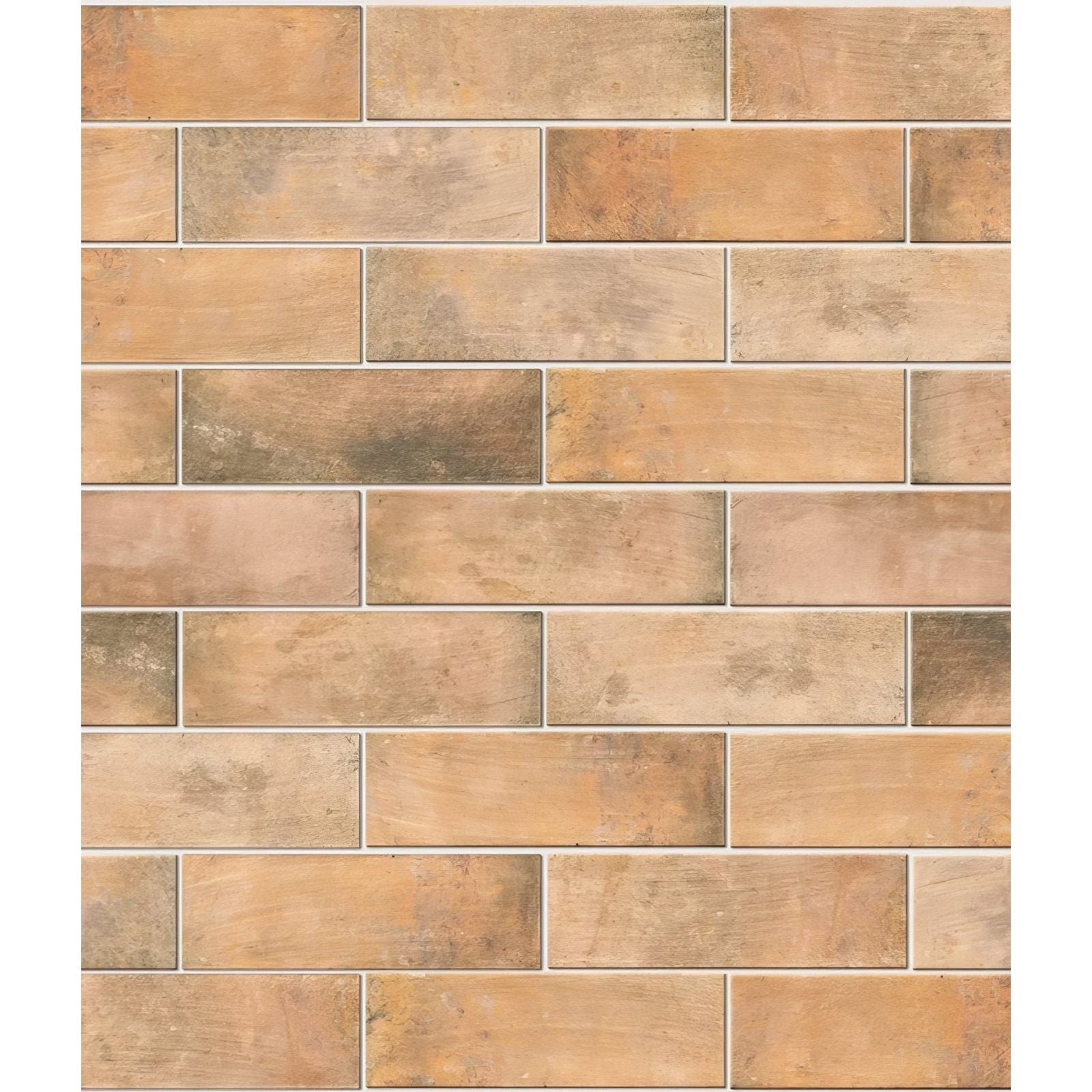 Petite porcelain matt cotto dark tan and beige rectangular tiles with rustic weathered finish in brick pattern