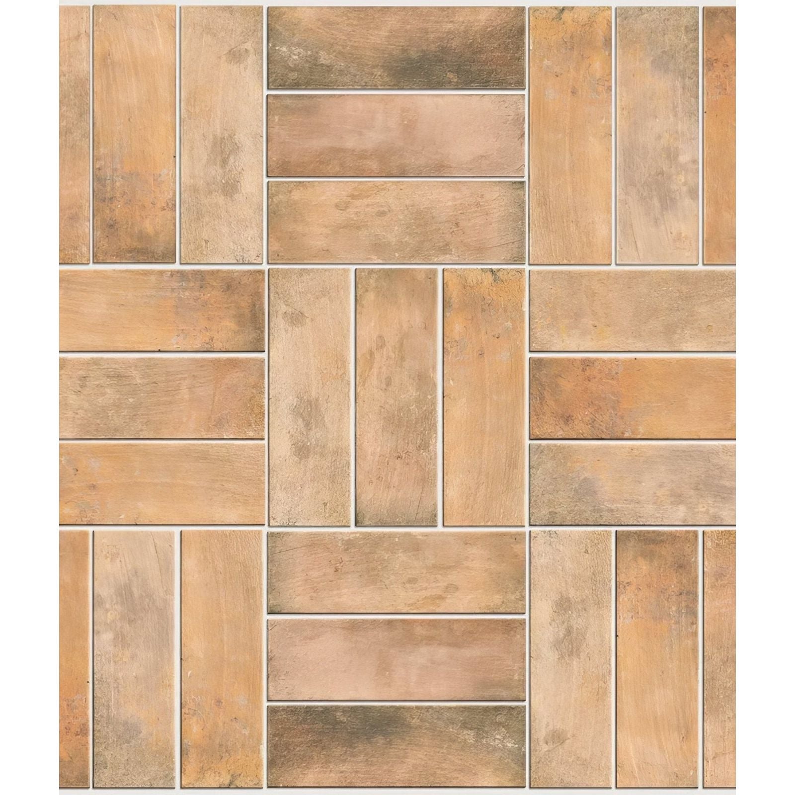 Petite porcelain matt cotto dark tan and beige rectangular tiles with rustic weathered finish in herringbone pattern