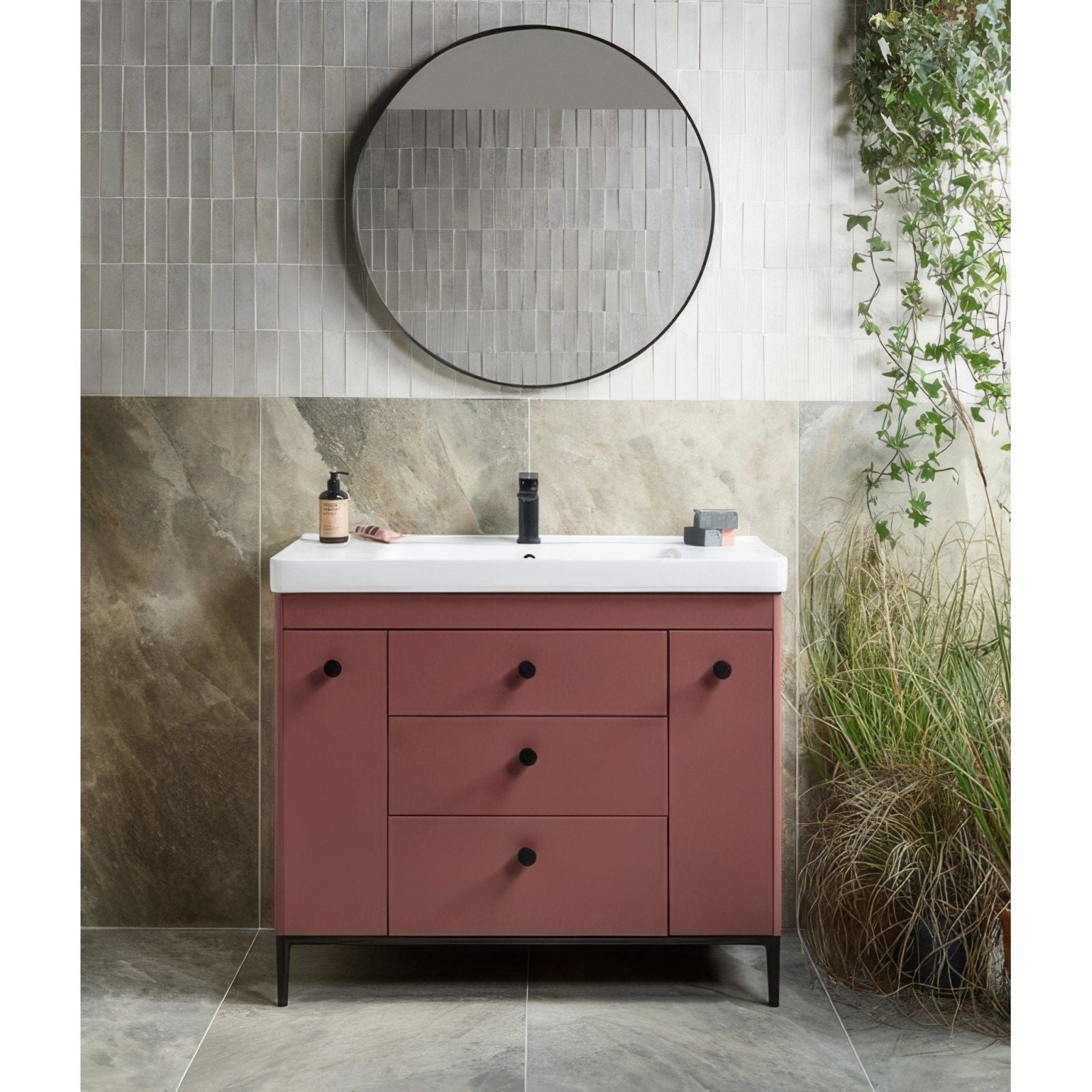Petite porcelain matt cotto light modern rose-colored vanity with black metal legs and white ceramic sink top