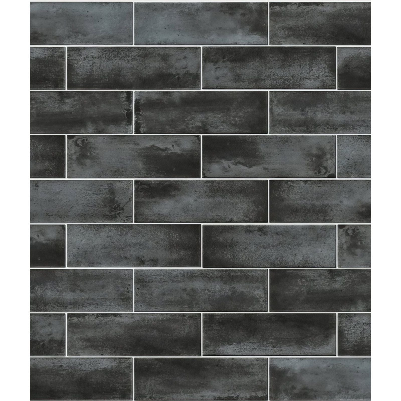 Dark gray petite porcelain matt graphite tiles with textured weathered concrete finish in staggered brick pattern