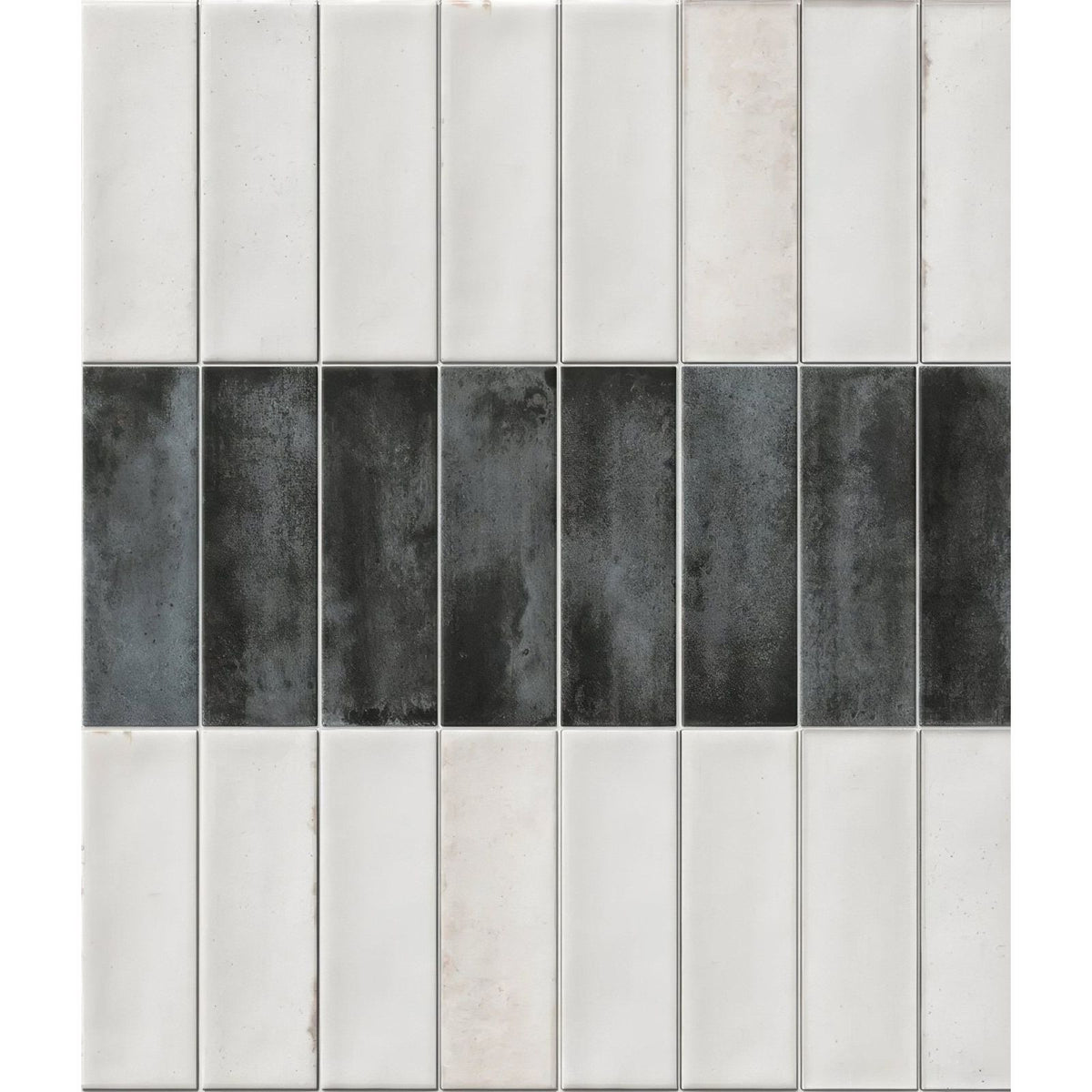 Modern rectangular mosaic tile panel petite porcelain matt graphite featuring matte white and textured dark gray tiles