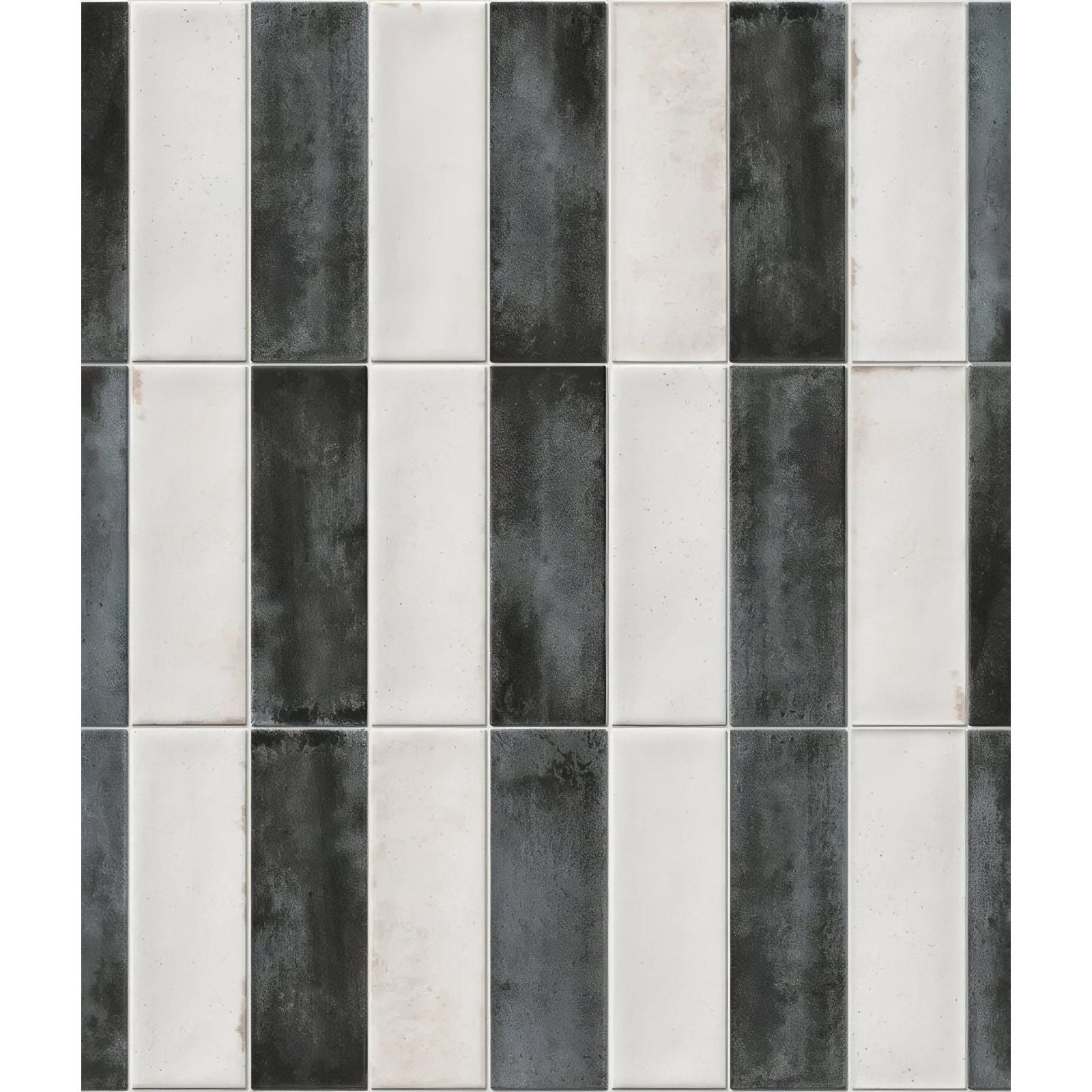 Petite porcelain matt graphite black and white rectangular tiles with textured matte finish in vertical stripes