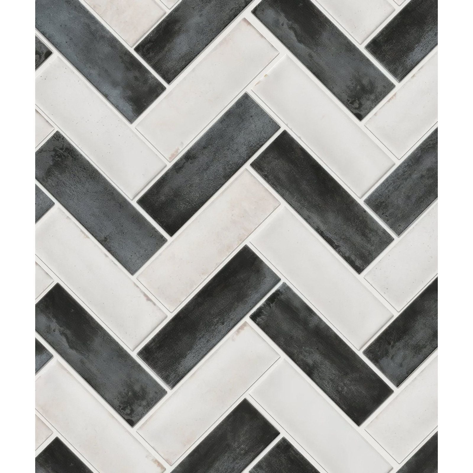 Black and white herringbone patterned petite porcelain matt graphite ceramic tile mosaic for wall or floor use
