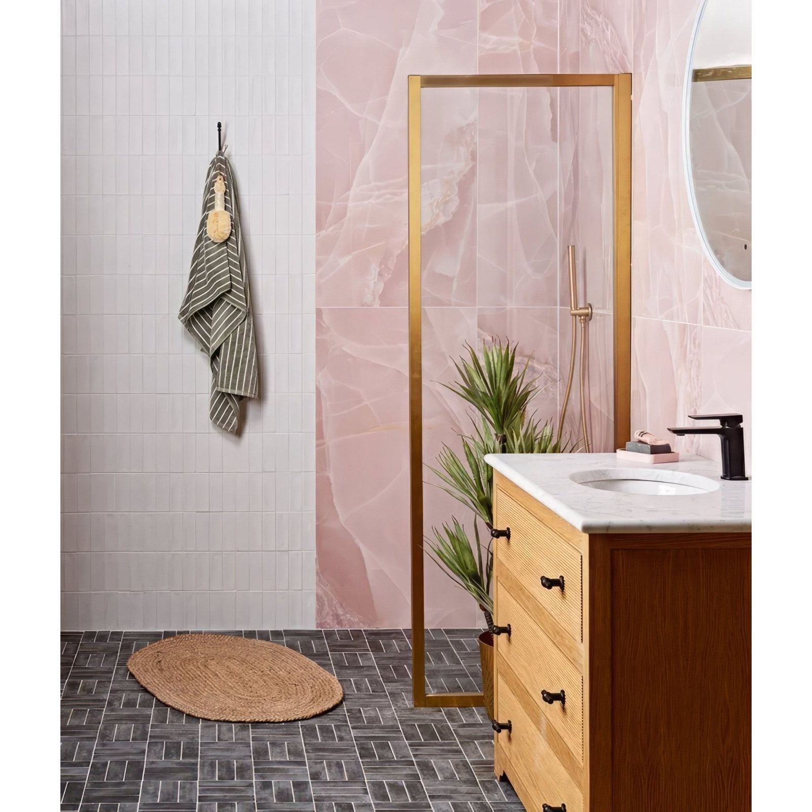 Petite porcelain matt white gold-framed tall mirror with sleek minimalist design and reflective surface