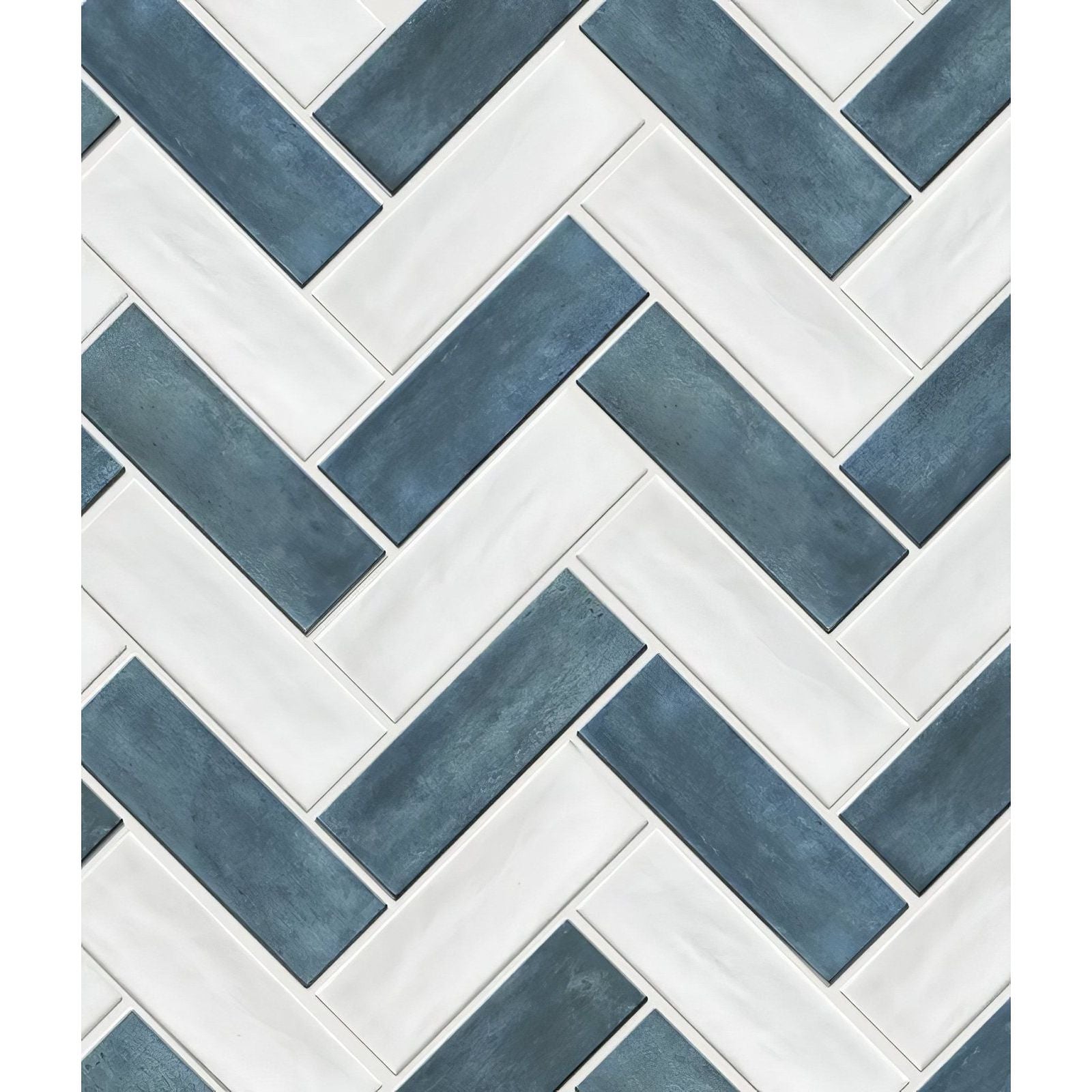 Blue and white herringbone patterned petite porcelain matt white tiles with a matte finish for wall and floor use