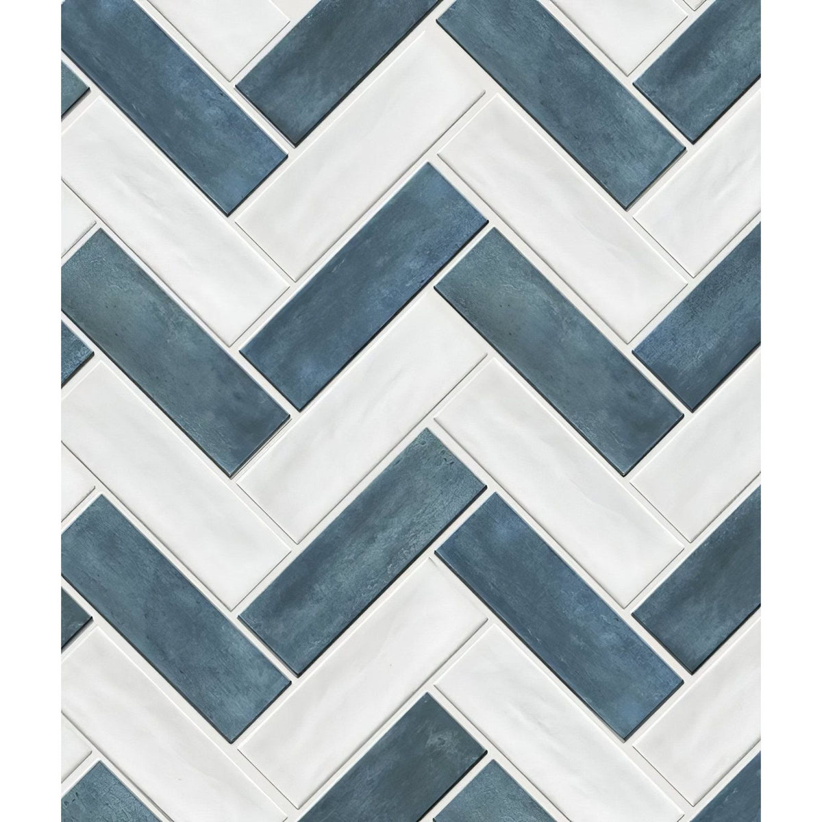 Blue and white herringbone patterned petite porcelain matt white tiles with a matte finish for wall and floor use