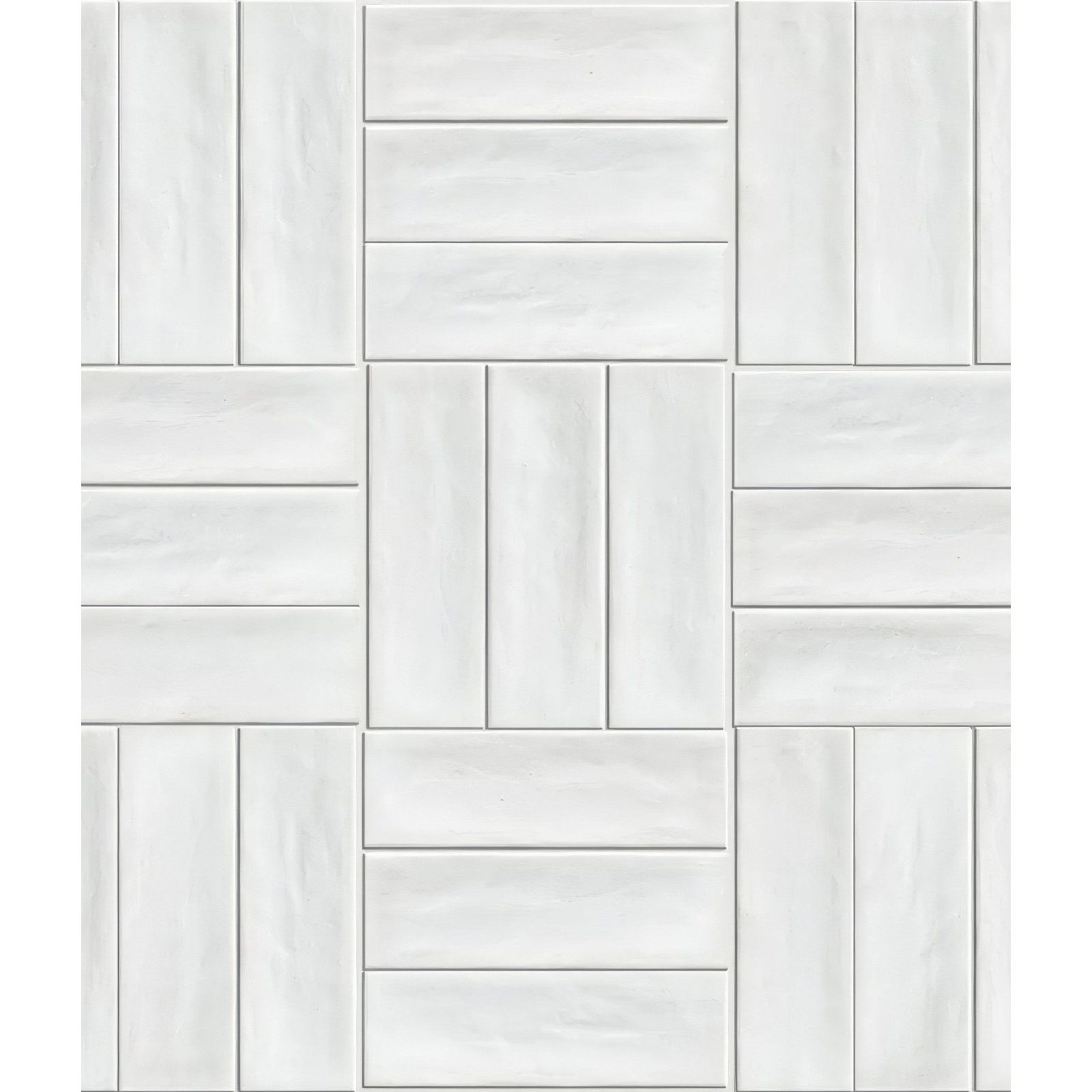Petite porcelain matt white rectangular mosaic tile with subtle wood-grain texture in interlocking herringbone pattern