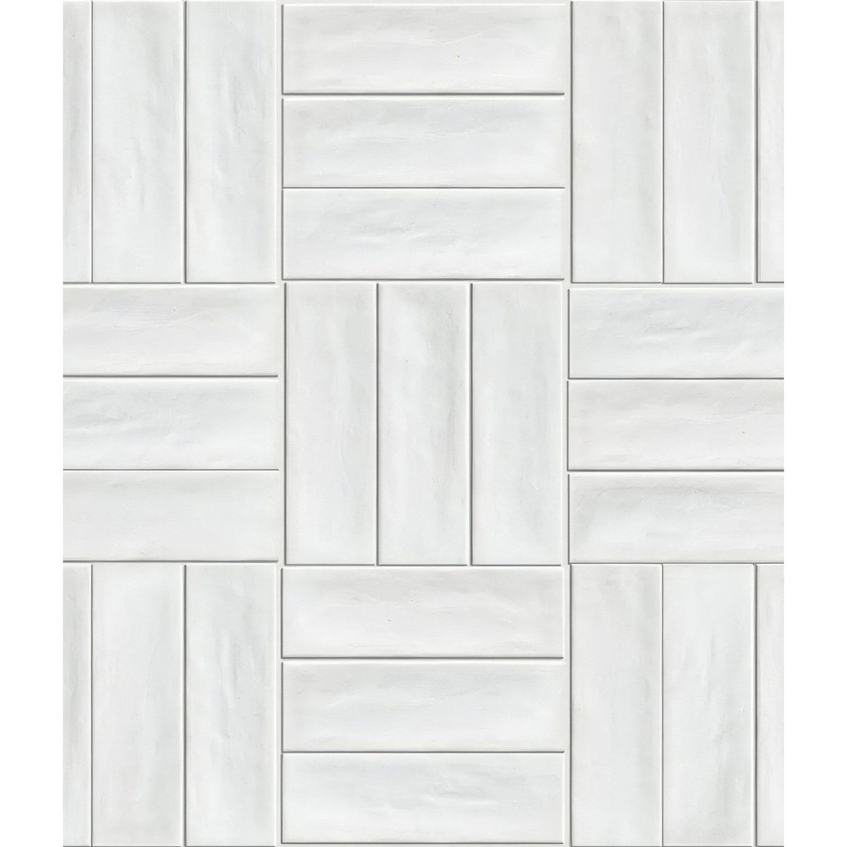 Petite porcelain matt white rectangular mosaic tile with subtle wood-grain texture in interlocking herringbone pattern
