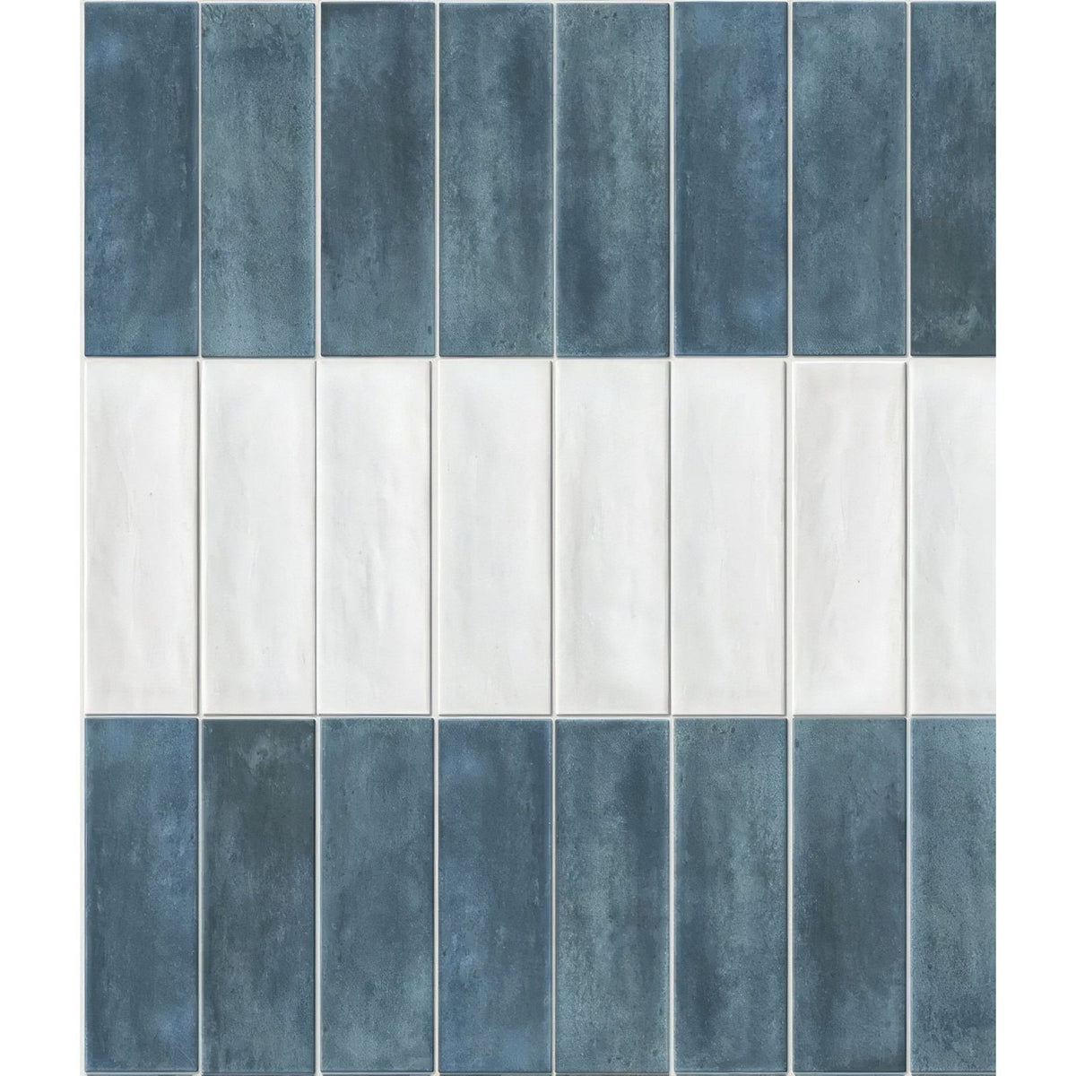 Petite porcelain matt white blue and white rectangular ceramic tiles with textured matte finish arranged in alternating rows