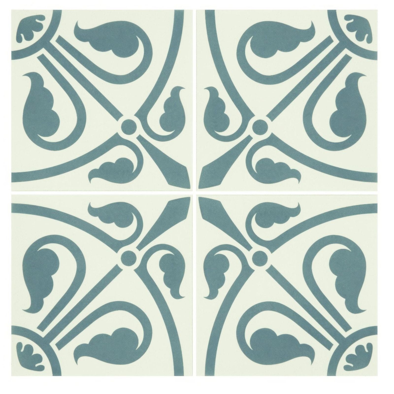 Four square ceramic tiles with symmetrical ornate teal pattern on off-white dover white background phoenician denim