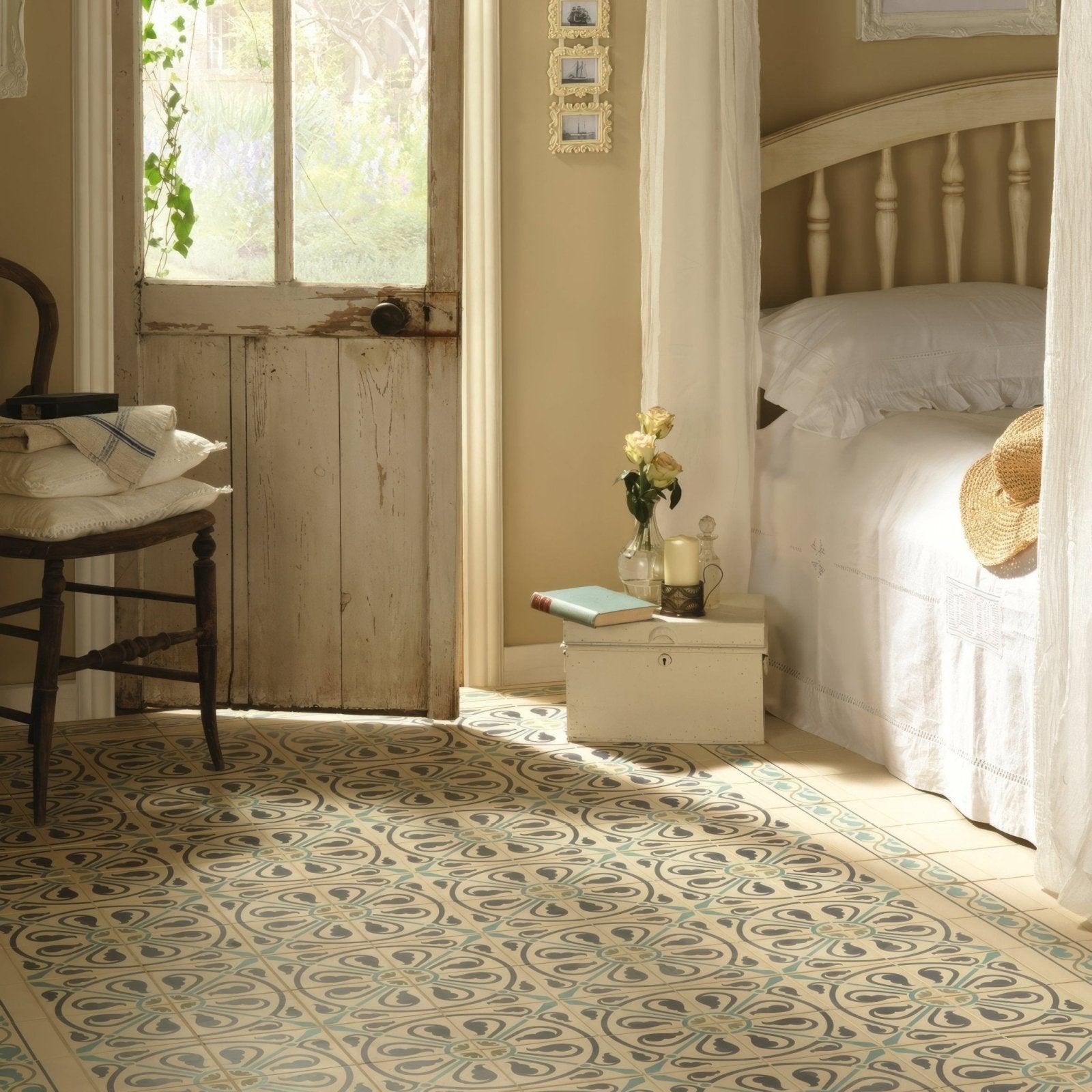 Beige and green patterned tile floor with decorative border in phoenician dublin dark blue and dark jade on white