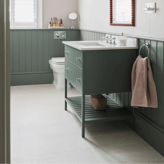 Dark green vanity with white countertop and silver hardware in piazza bone 60 x 60cm bathroom cabinet