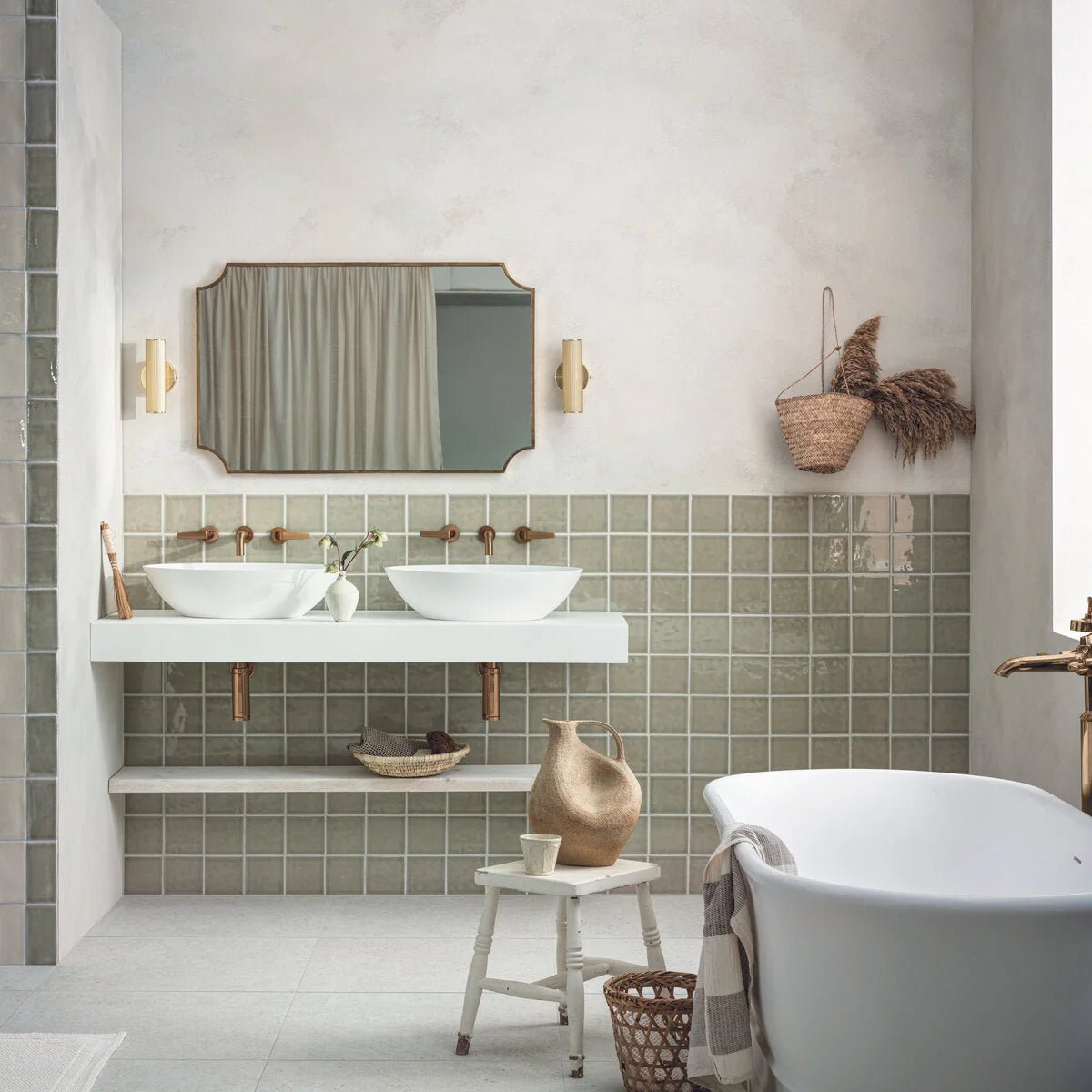 Piazza bone 60 x 60cm white ceramic vessel sinks with copper faucets on a minimalist floating vanity
