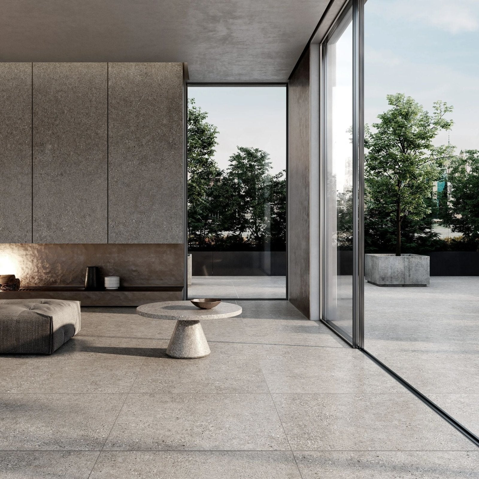 Concrete pedestal table piazza silver with round textured gray stone top measuring 60 by 60 cm
