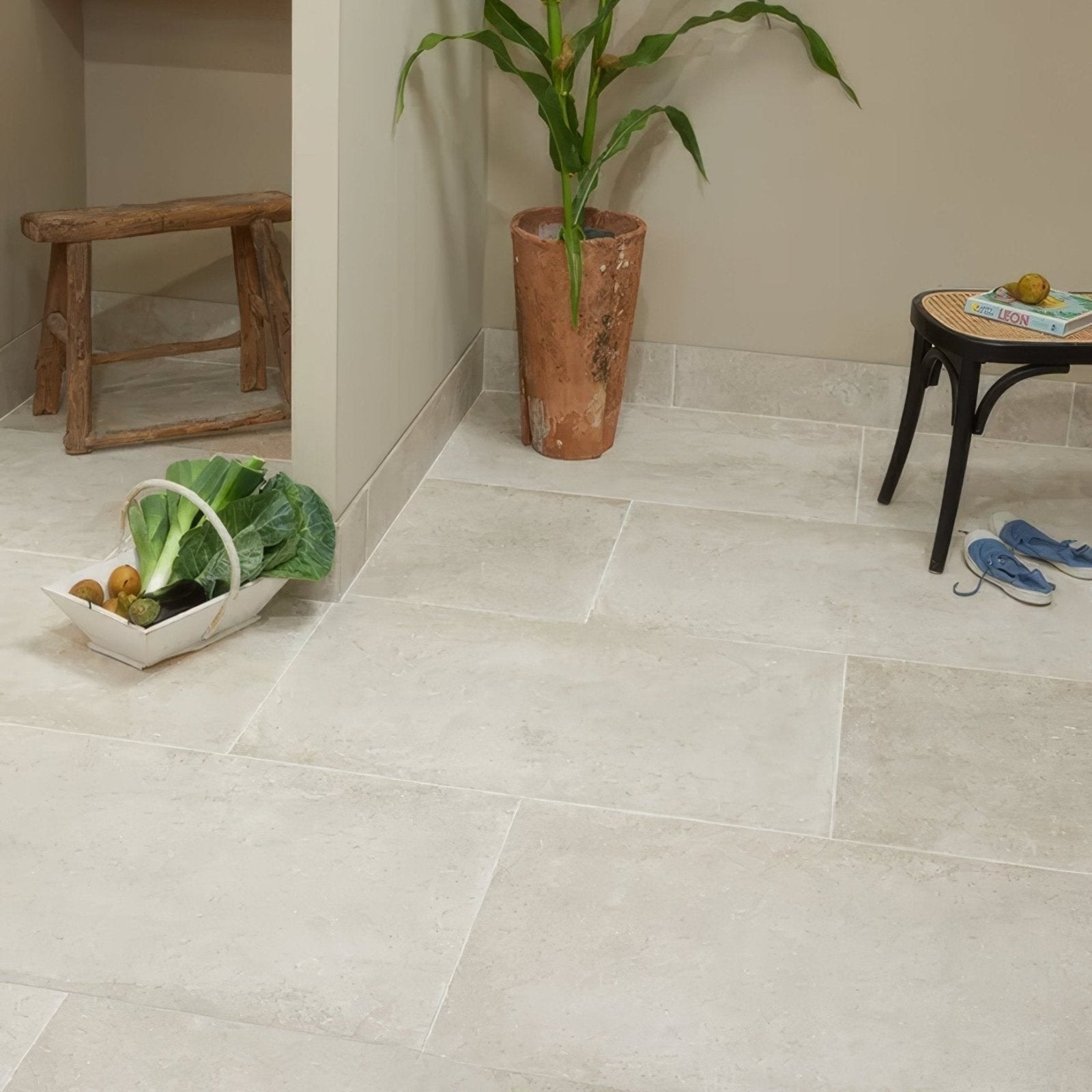 Light gray rectangular pierre porcelain beige floor tiles with a subtle matte finish