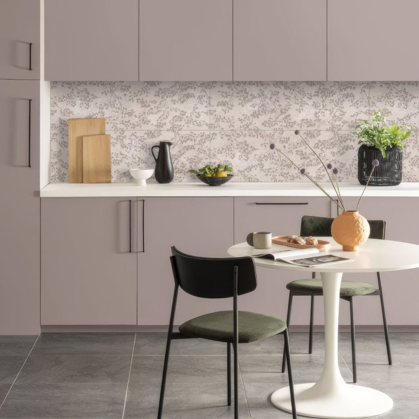 Orange textured ceramic vase featured in eastern mist pine single tile product for decorative use