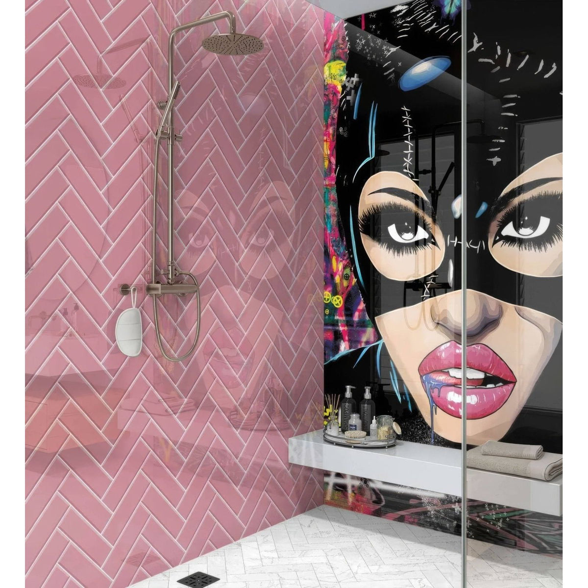 Pink herringbone shower panel featuring a pink herringbone subway tile wall for stylish bathroom decor