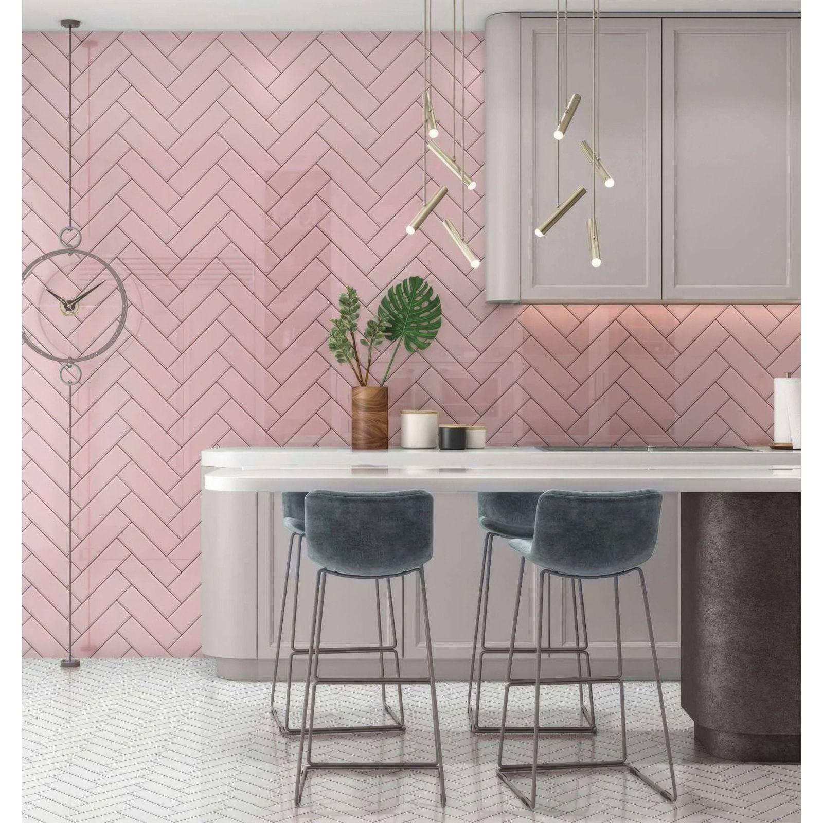 Pink herringbone shower panel with glossy finish featuring pink glossy ceramic subway tiles in a herringbone pattern