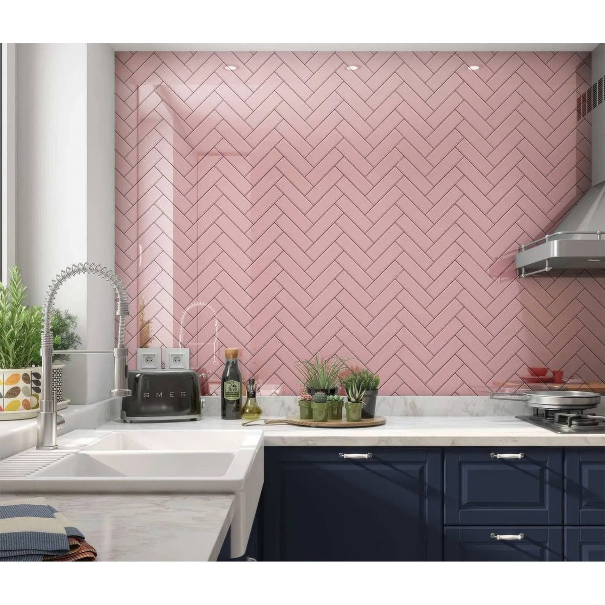Pink herringbone shower panel featuring glossy finish subway tiles in soft pink for stylish bathroom walls
