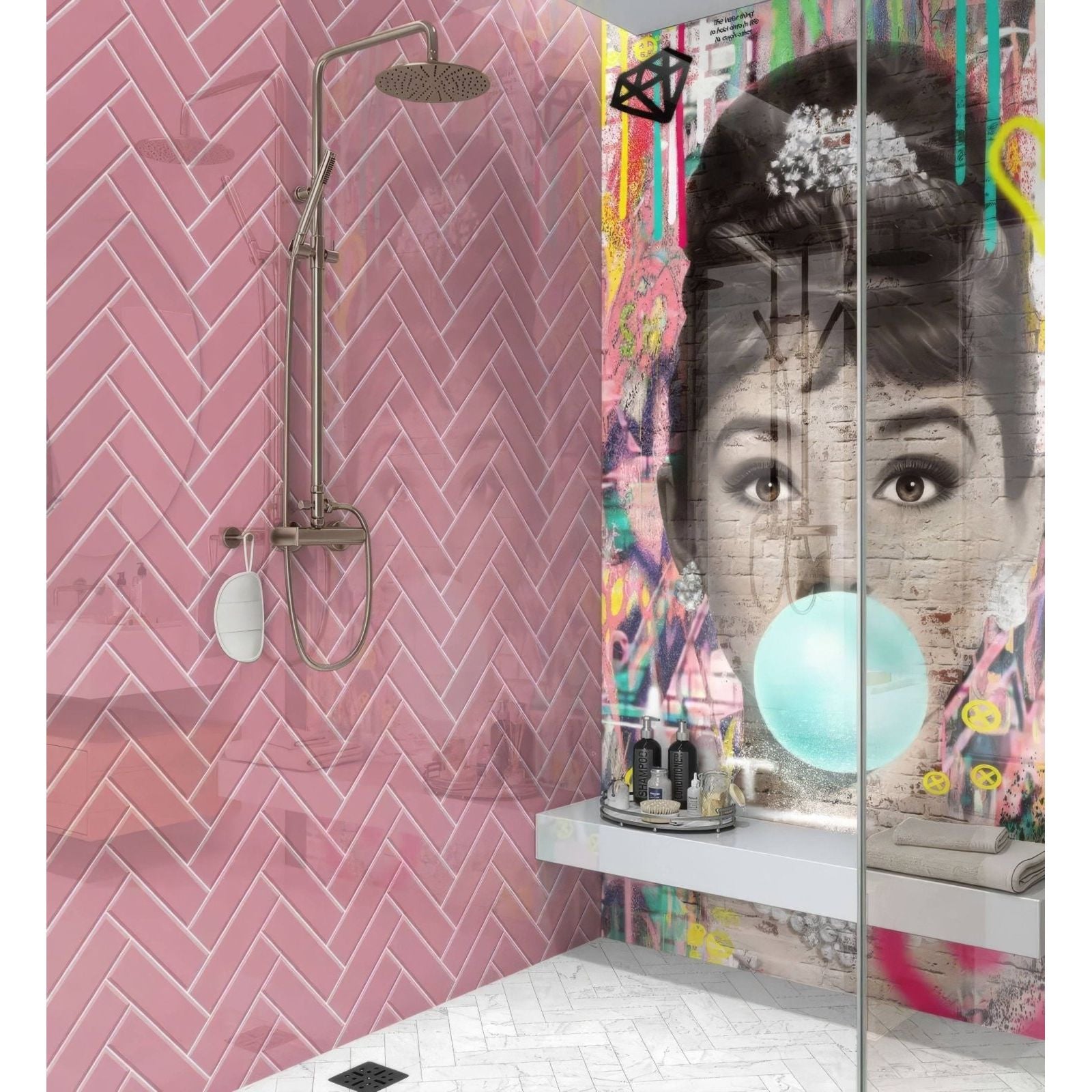 Pink herringbone tiled shower panel with modern chrome showerhead installed on a shower wall