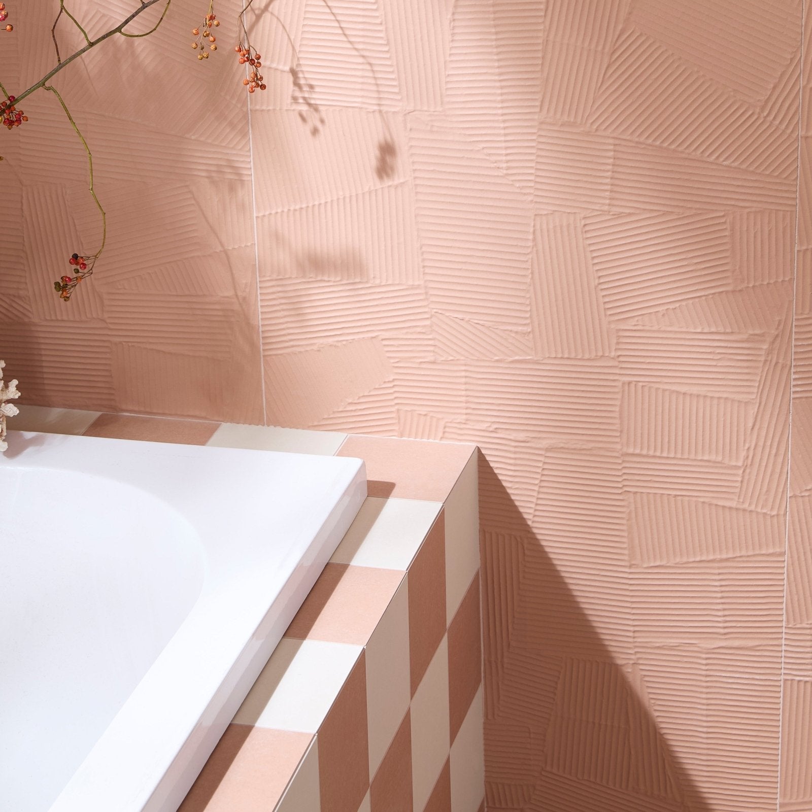 Plastercraft calco porcelain cipria textured pink wall tiles with subtle geometric pattern and plastercraft finish