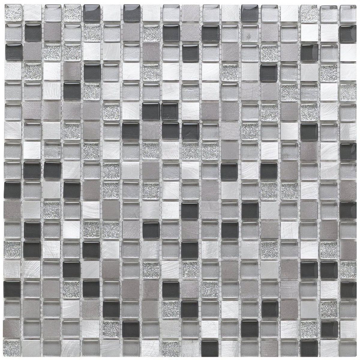 Platinum 135 glass metal mix mosaic tile in silver and gray featuring clear frosted metallic and glittery glass squares