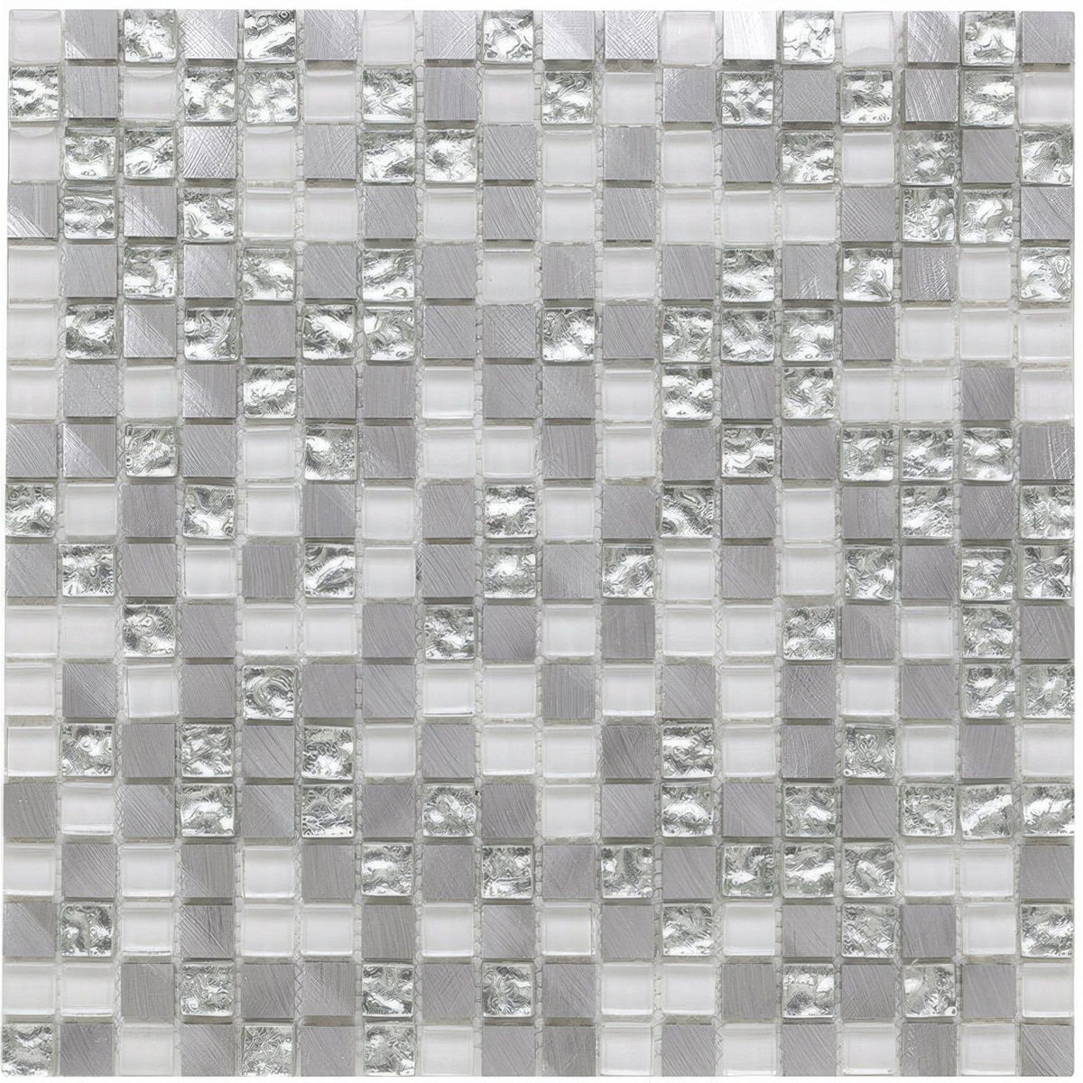 Platinum 136 glass metal mix mosaic tile with silver and white textured reflective squares in a grid pattern