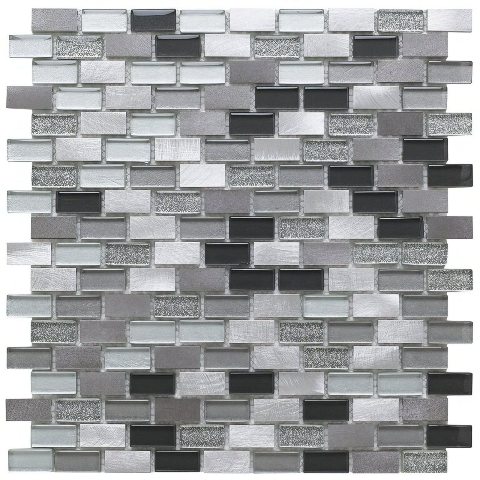 A modern platinum lancer 139 mini brick mosaic panel with metallic silver, matte black, and frosted glass tiles with glitter