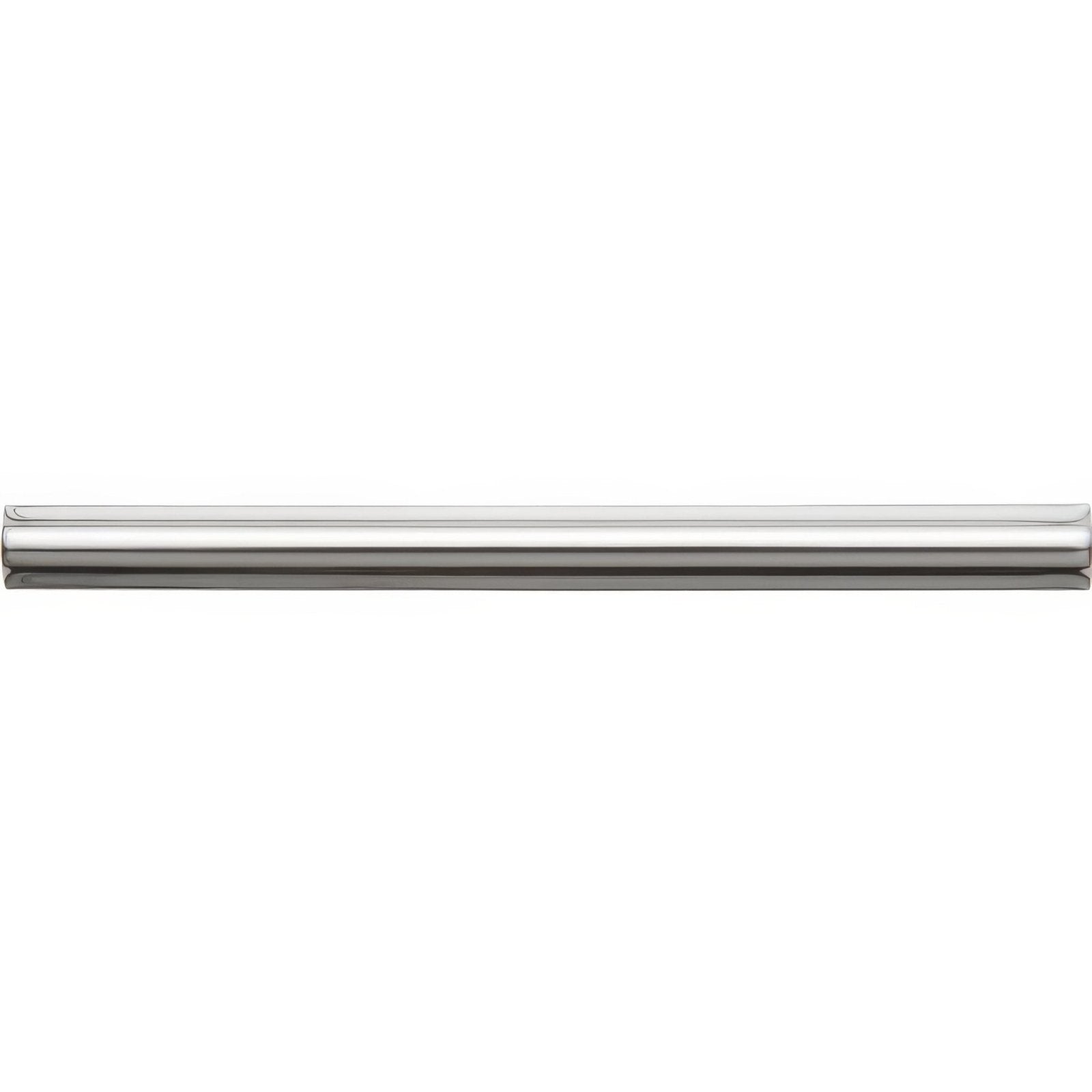A sleek polished chrome drawer pull with a minimalist rectangular design and rounded edges from platinum omega moulding