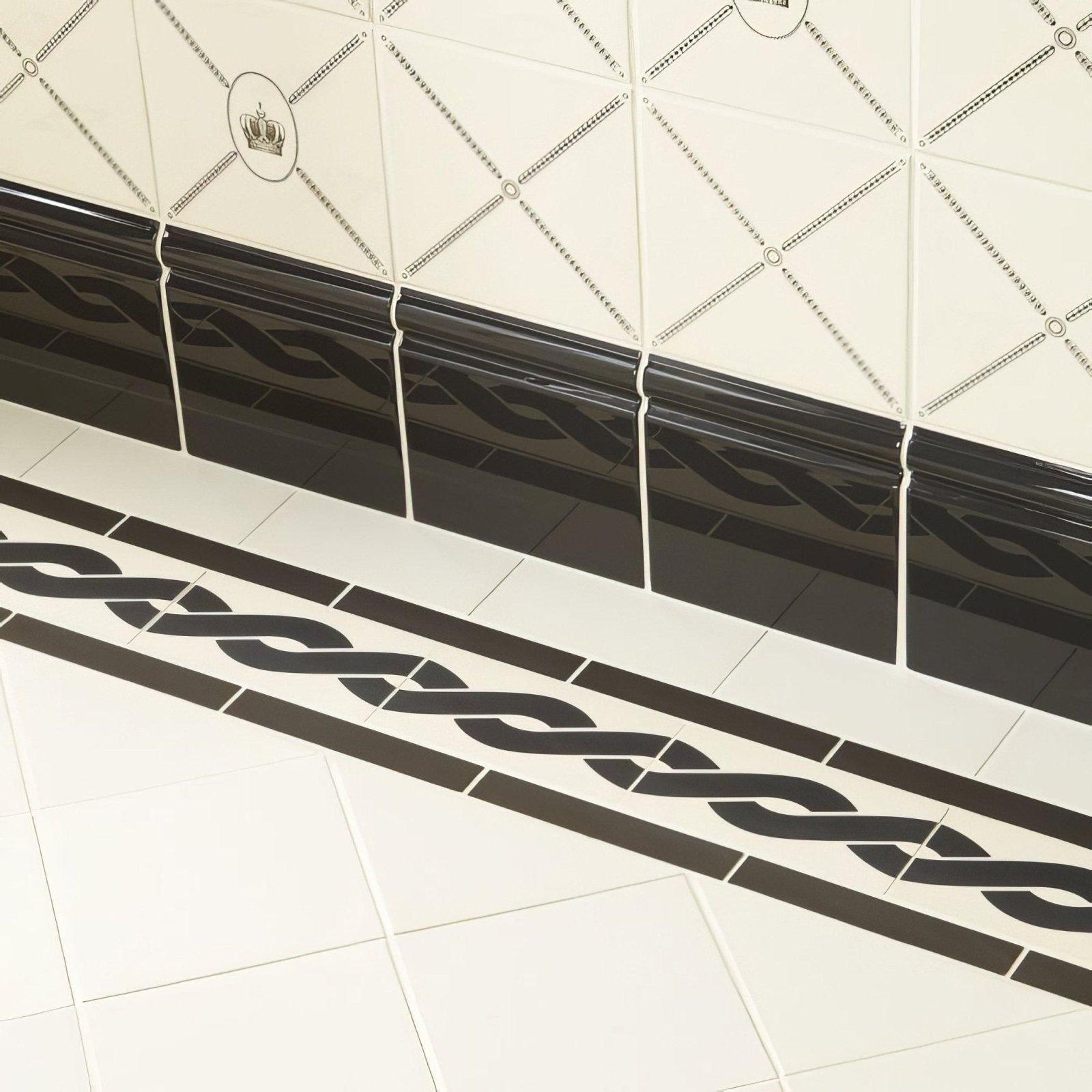 Plymouth border black baseboard with glossy ceramic finish and wavy braided design installed along a wall
