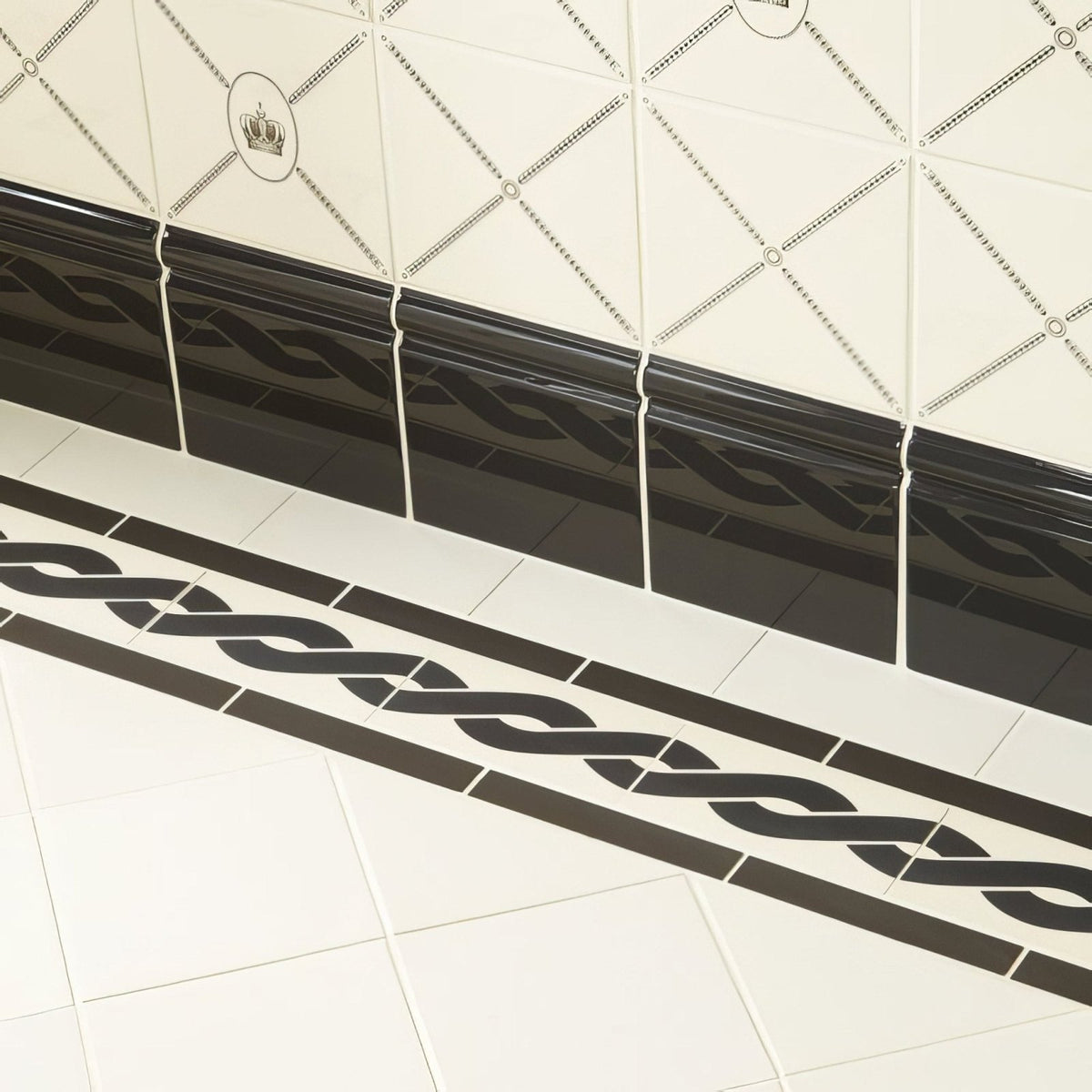 Plymouth border black baseboard with glossy ceramic finish and wavy braided design installed along a wall