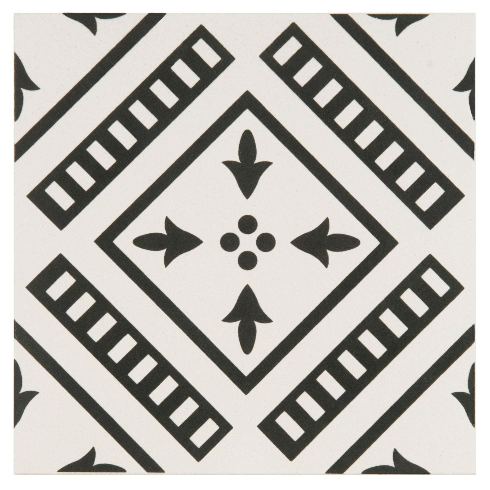 Pompeii black on dover white tile with black and white geometric pattern featuring central diamond and arrow motifs